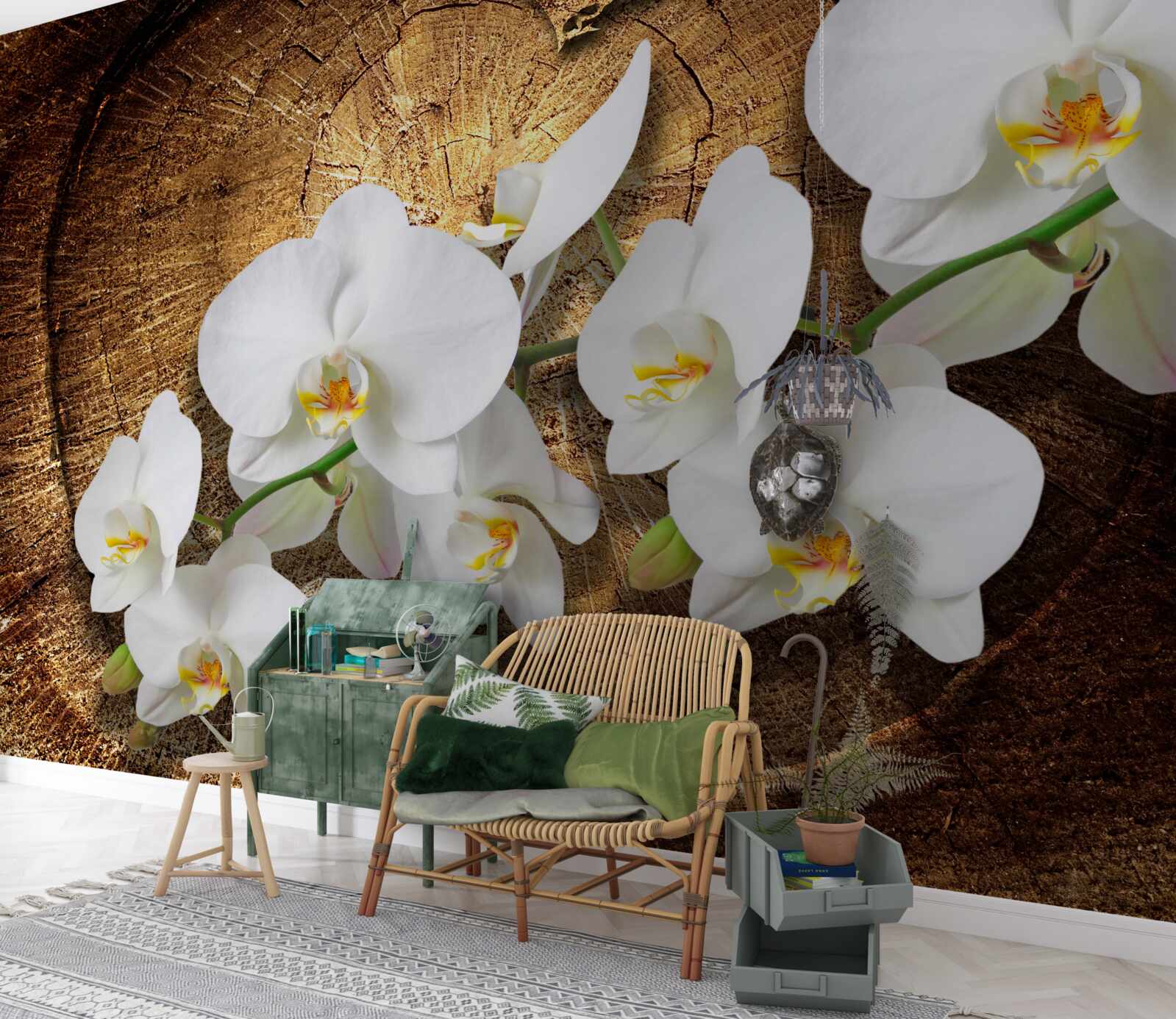 Fototapet Orhidee albă ca zăpada pe un trunchi de copac tăiat