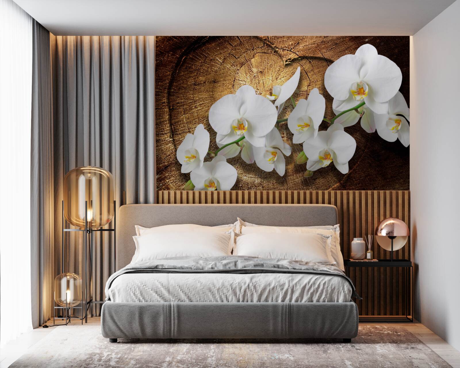 Fototapet Orhidee albă ca zăpada pe un trunchi de copac tăiat