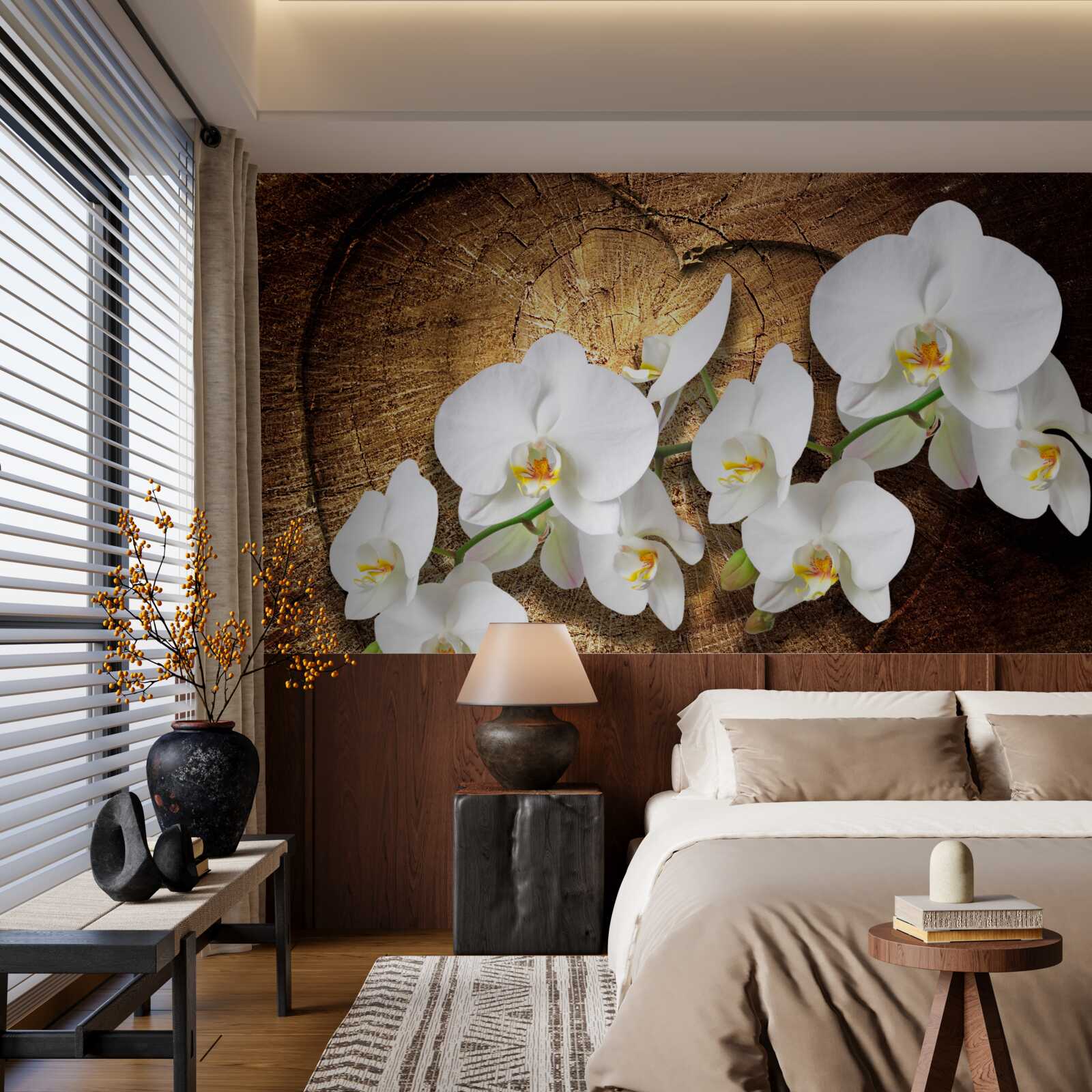 Fototapet Orhidee albă ca zăpada pe un trunchi de copac tăiat