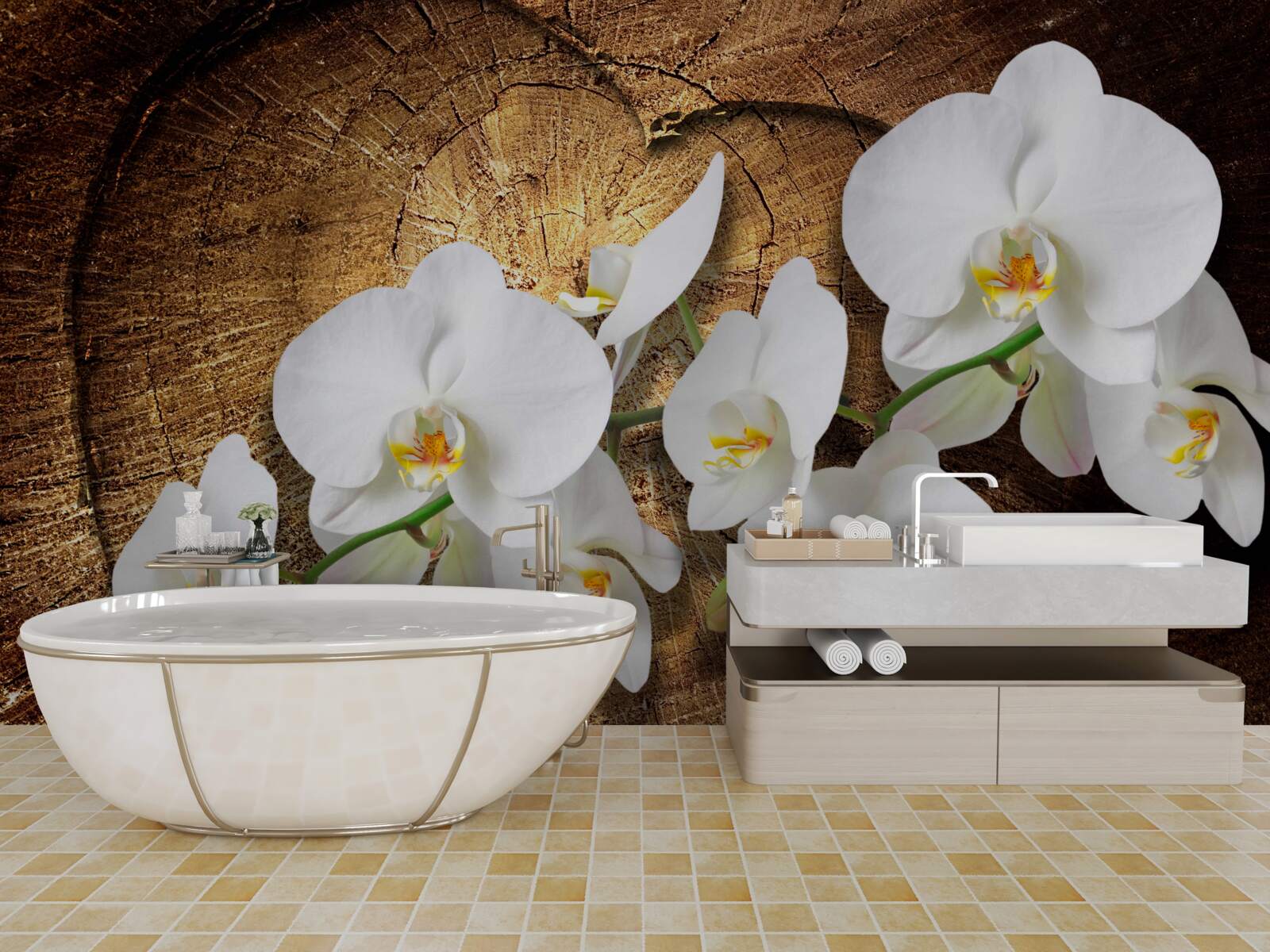 Fototapet Orhidee albă ca zăpada pe un trunchi de copac tăiat
