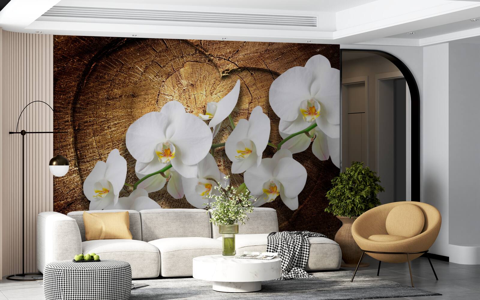 Fototapet Orhidee albă ca zăpada pe un trunchi de copac tăiat