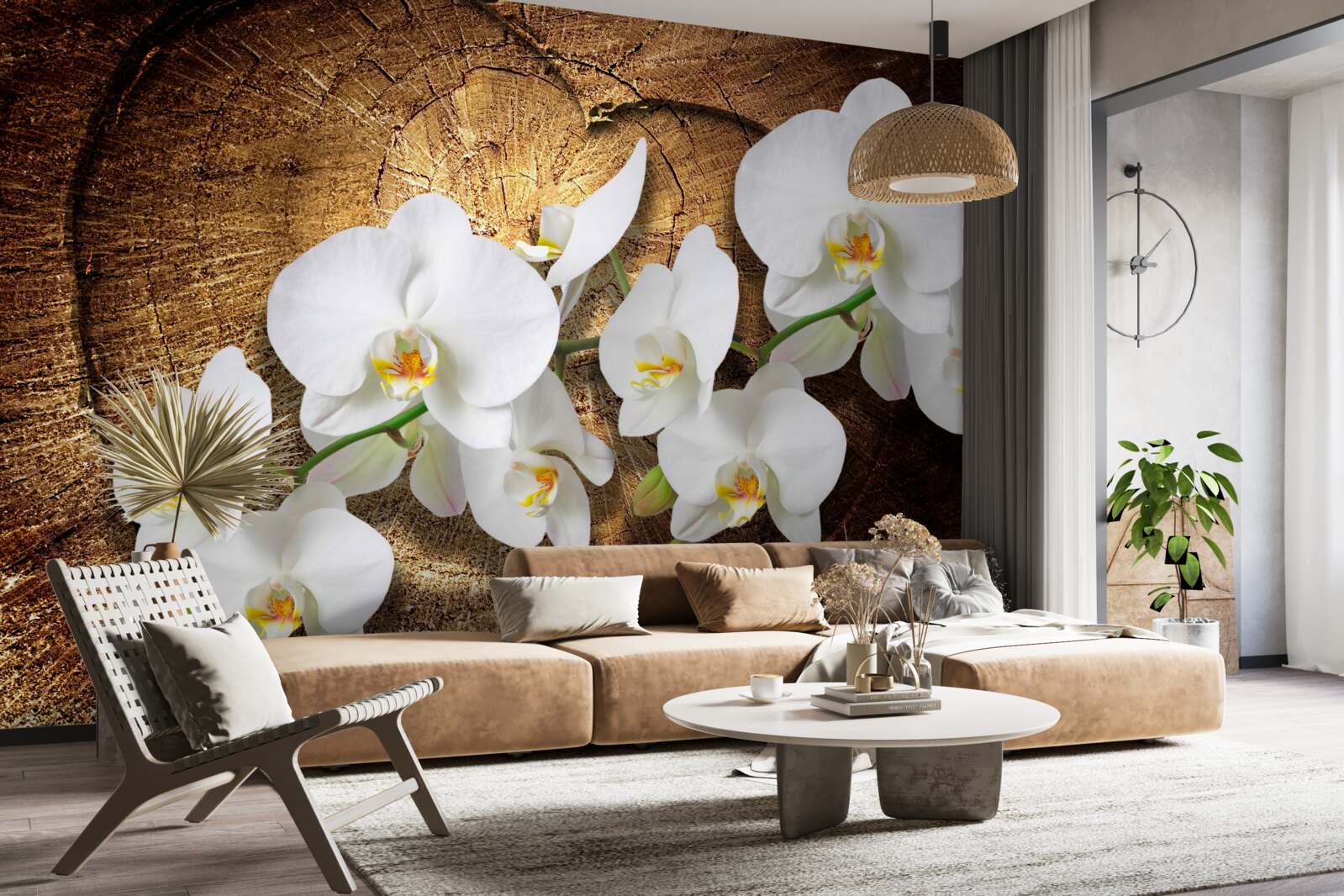 Fototapet Orhidee albă ca zăpada pe un trunchi de copac tăiat