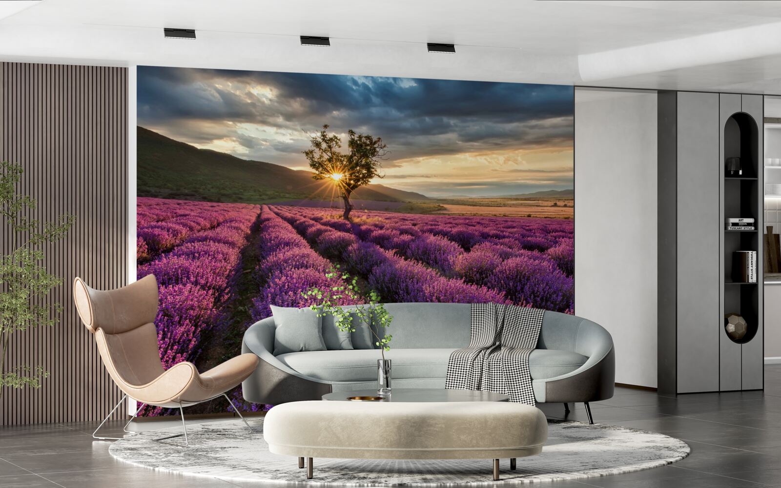 Fototapet apus de soare pe un câmp de lavandă înconjoară un copac izolat