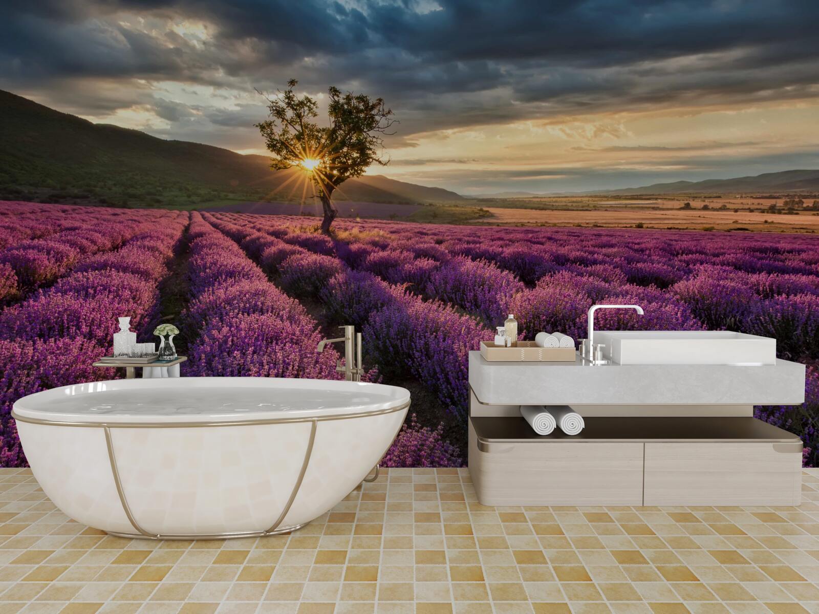 Fototapet apus de soare pe un câmp de lavandă înconjoară un copac izolat