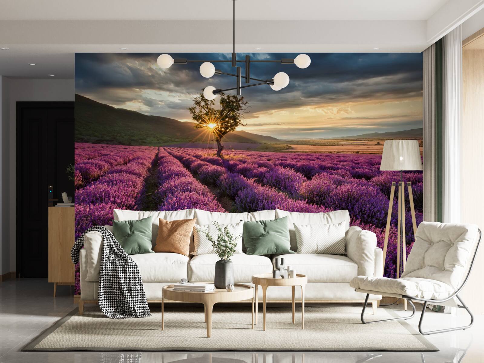 Fototapet apus de soare pe un câmp de lavandă înconjoară un copac izolat