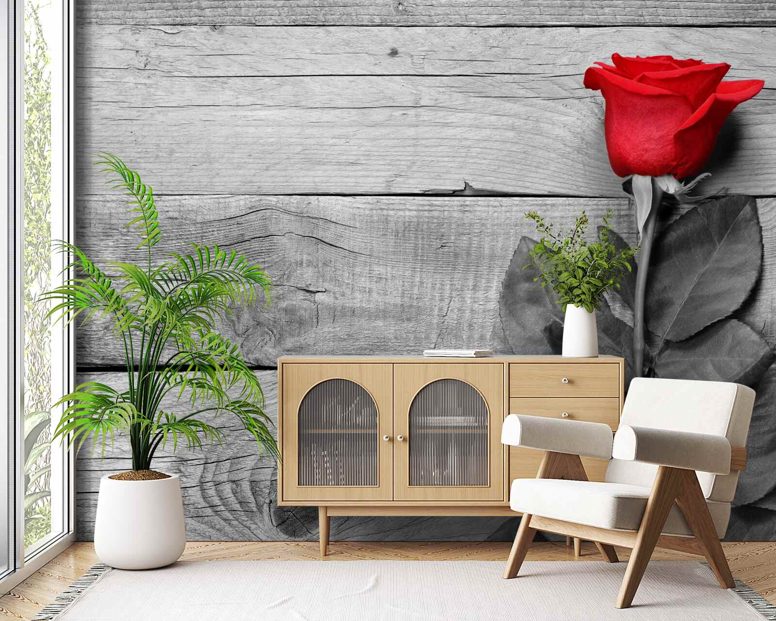 Fototapet buchet roșu în nuanțe de alb și negru