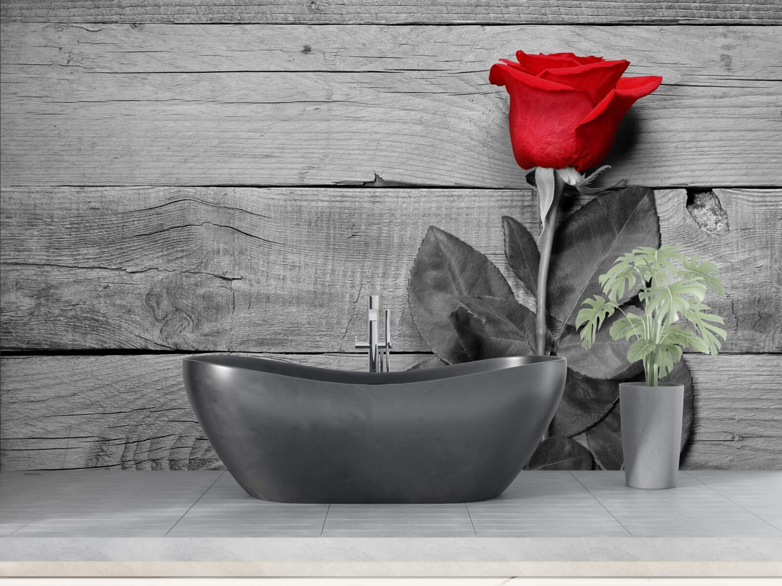 Fototapet buchet roșu în nuanțe de alb și negru