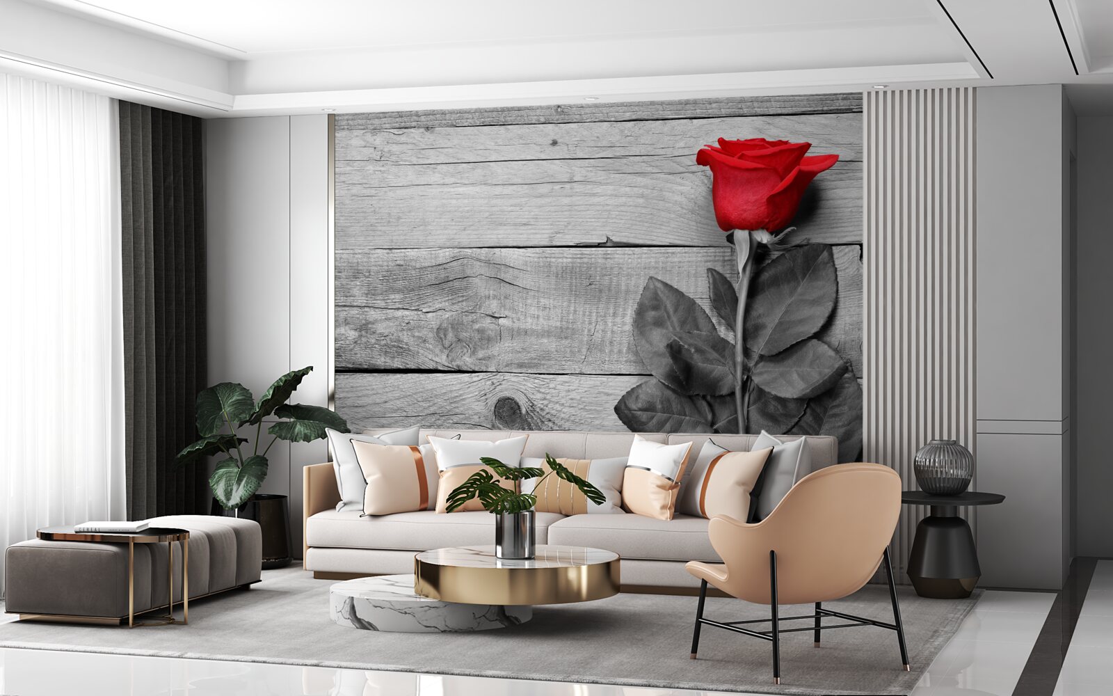 Fototapet buchet roșu în nuanțe de alb și negru