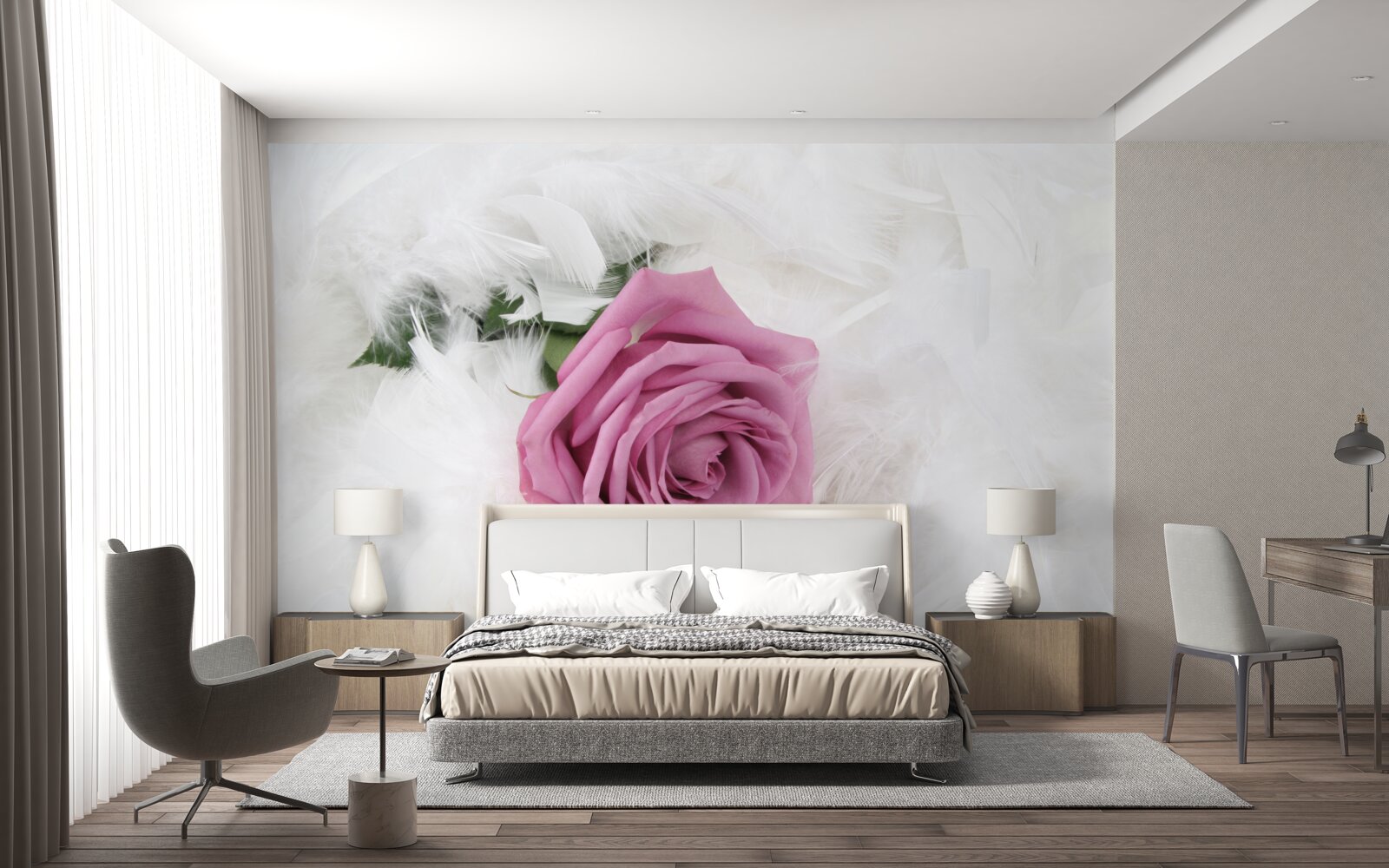 Fototapet trandafir violet înconjurat de pene albe