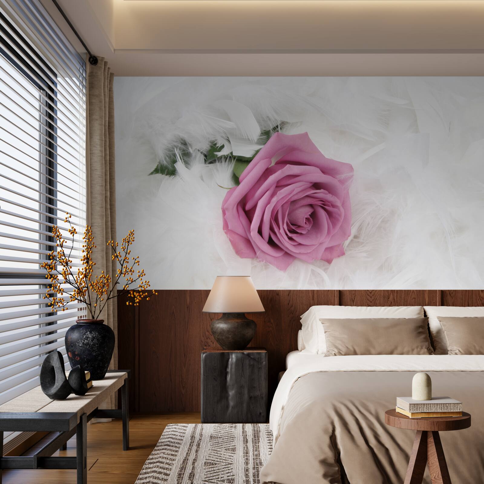 Fototapet trandafir violet înconjurat de pene albe