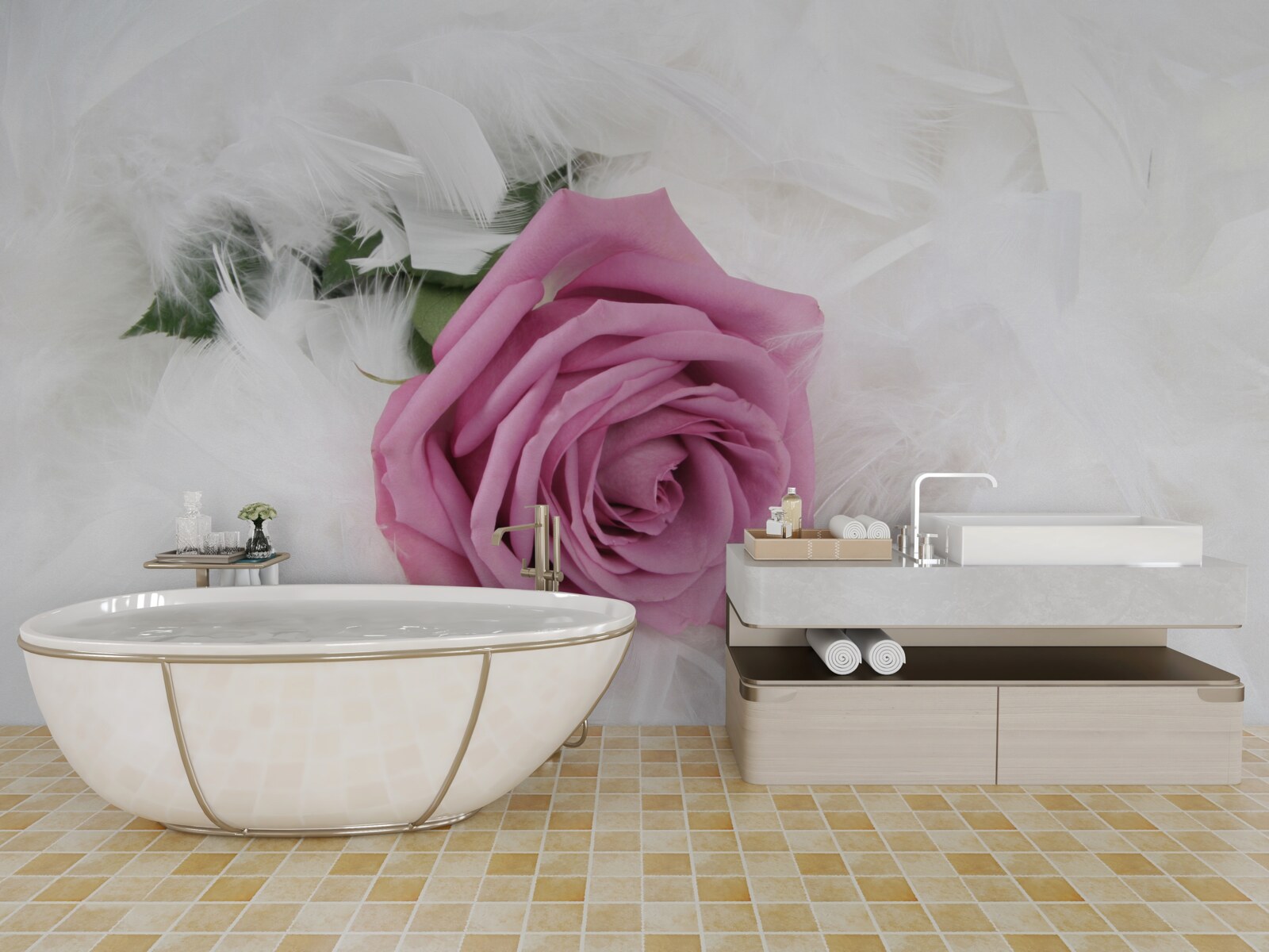 Fototapet trandafir violet înconjurat de pene albe