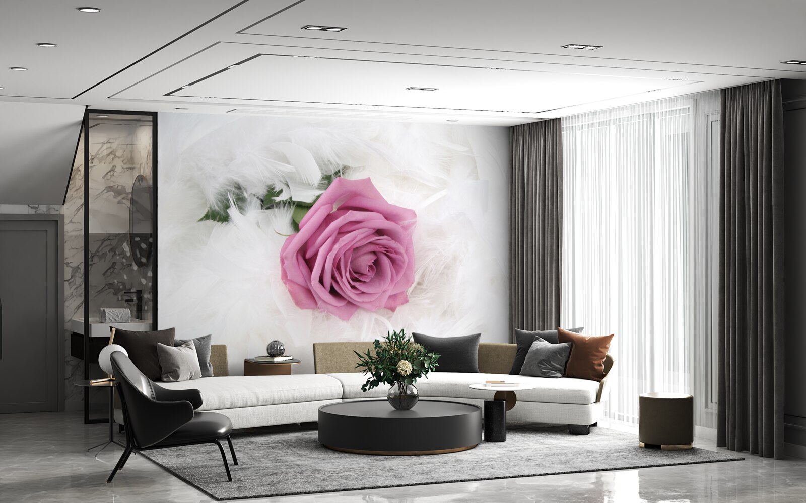 Fototapet trandafir violet înconjurat de pene albe