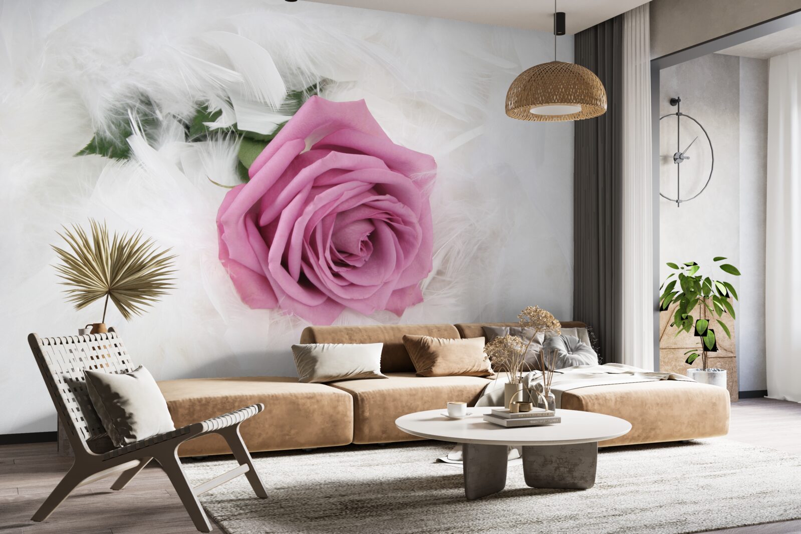 Fototapet trandafir violet înconjurat de pene albe