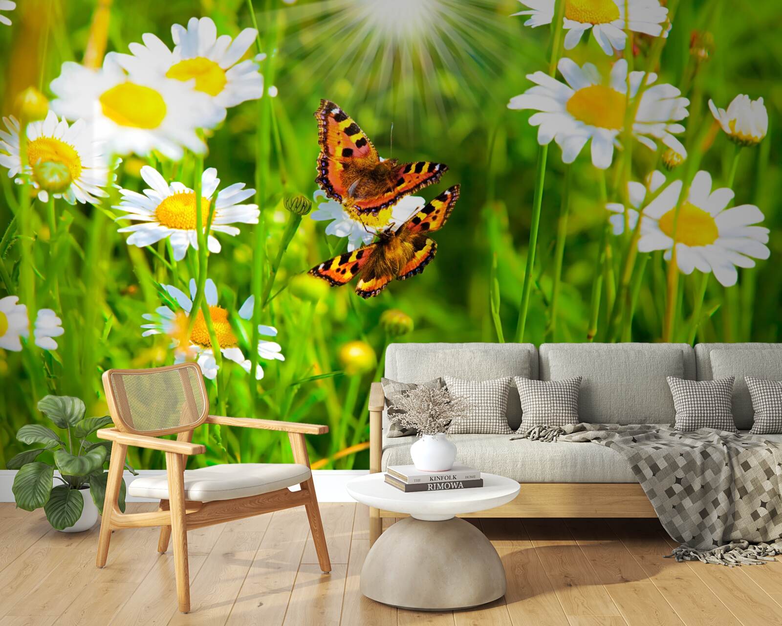 Fototapet mușețel într-un câmp presărat cu fluturi