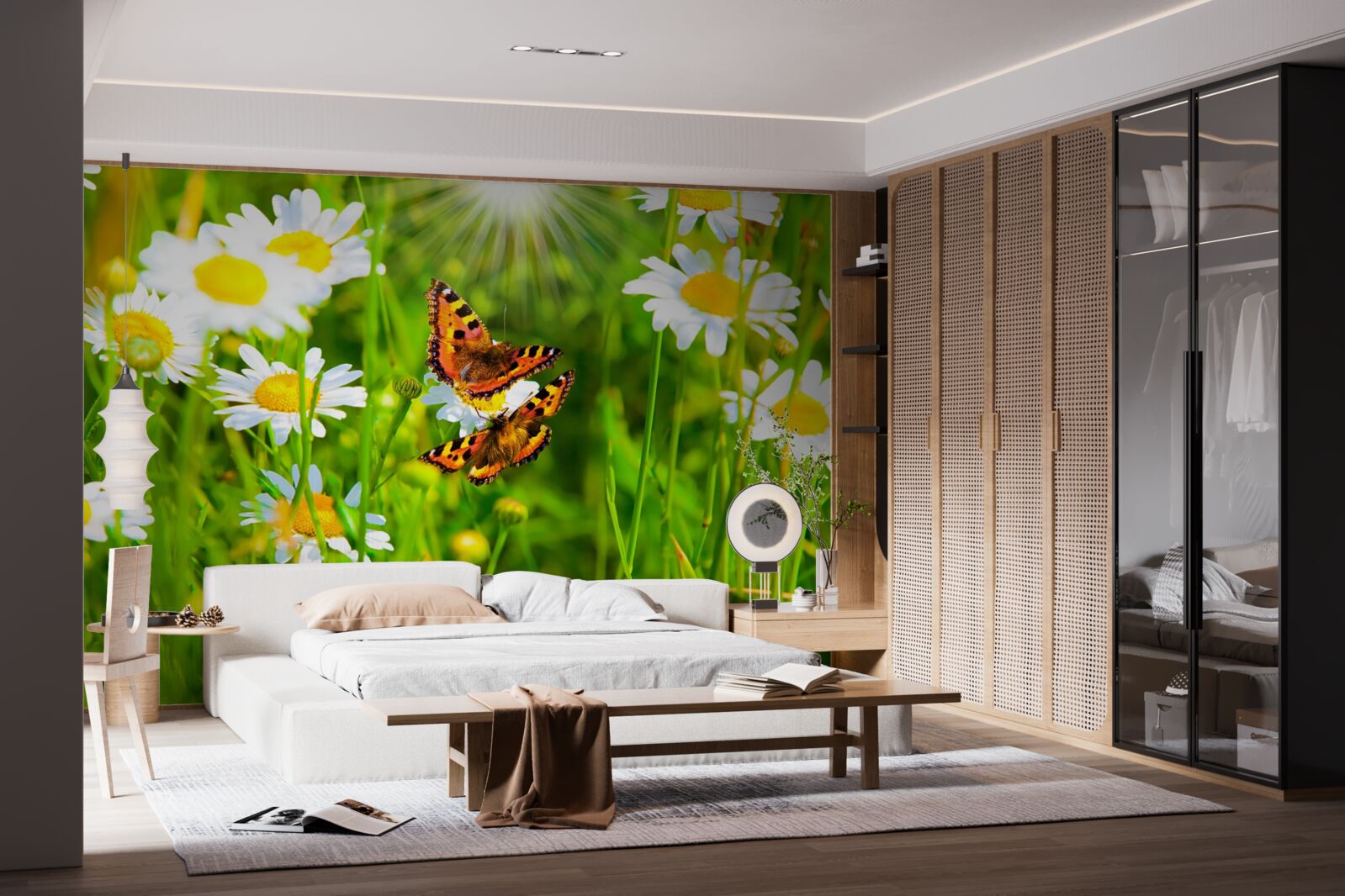 Fototapet mușețel într-un câmp presărat cu fluturi