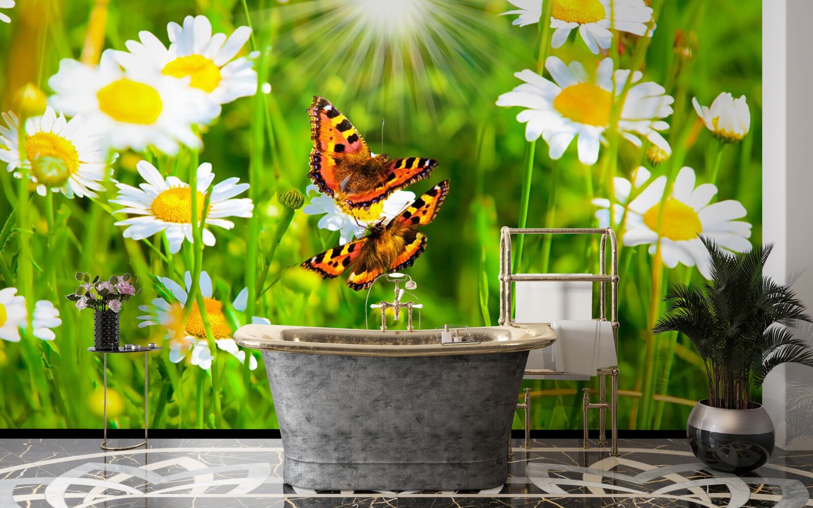 Fototapet mușețel într-un câmp presărat cu fluturi