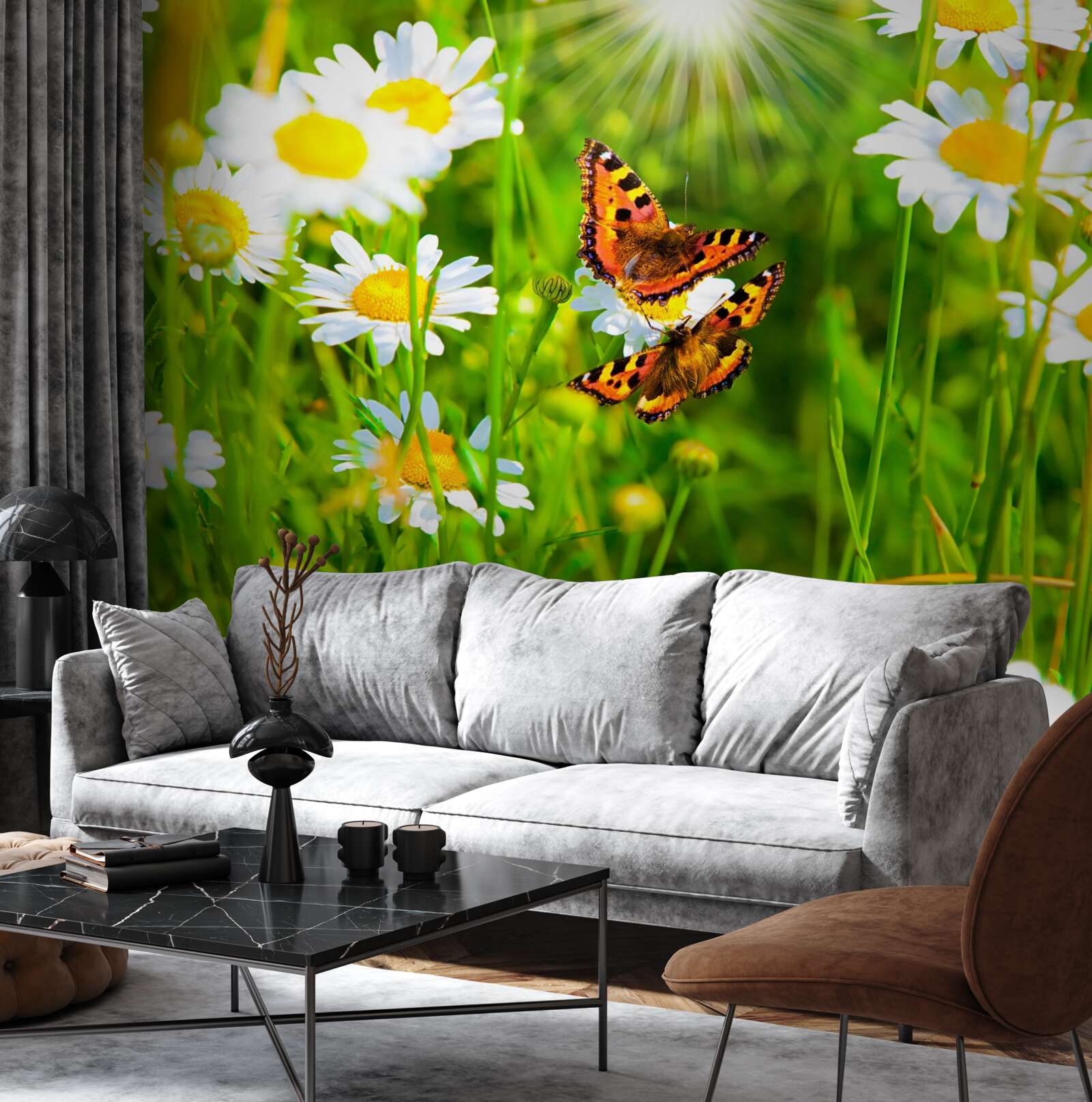 Fototapet mușețel într-un câmp presărat cu fluturi