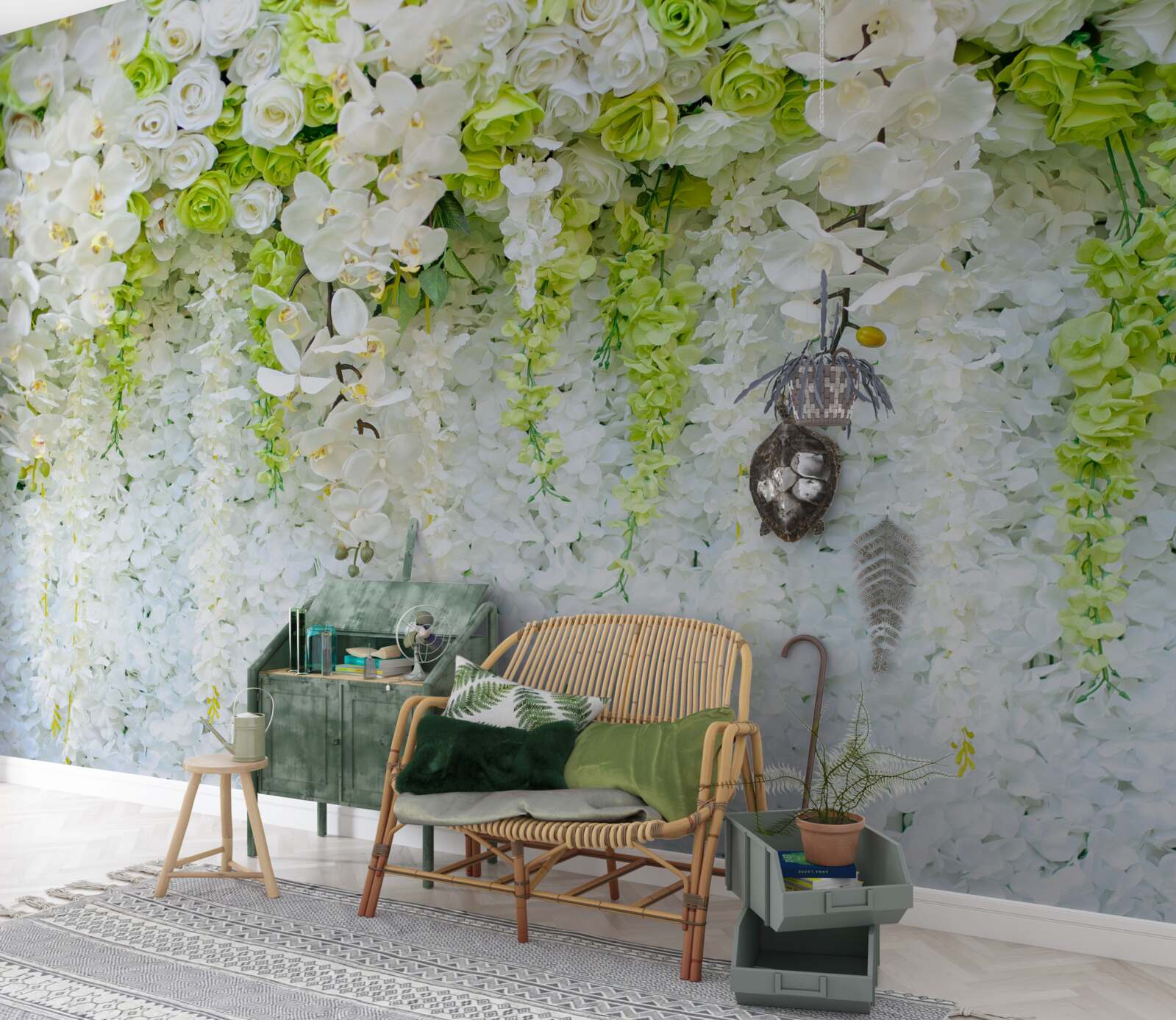 Fototapet orhidee albe au acoperit peretele cu un covor floral