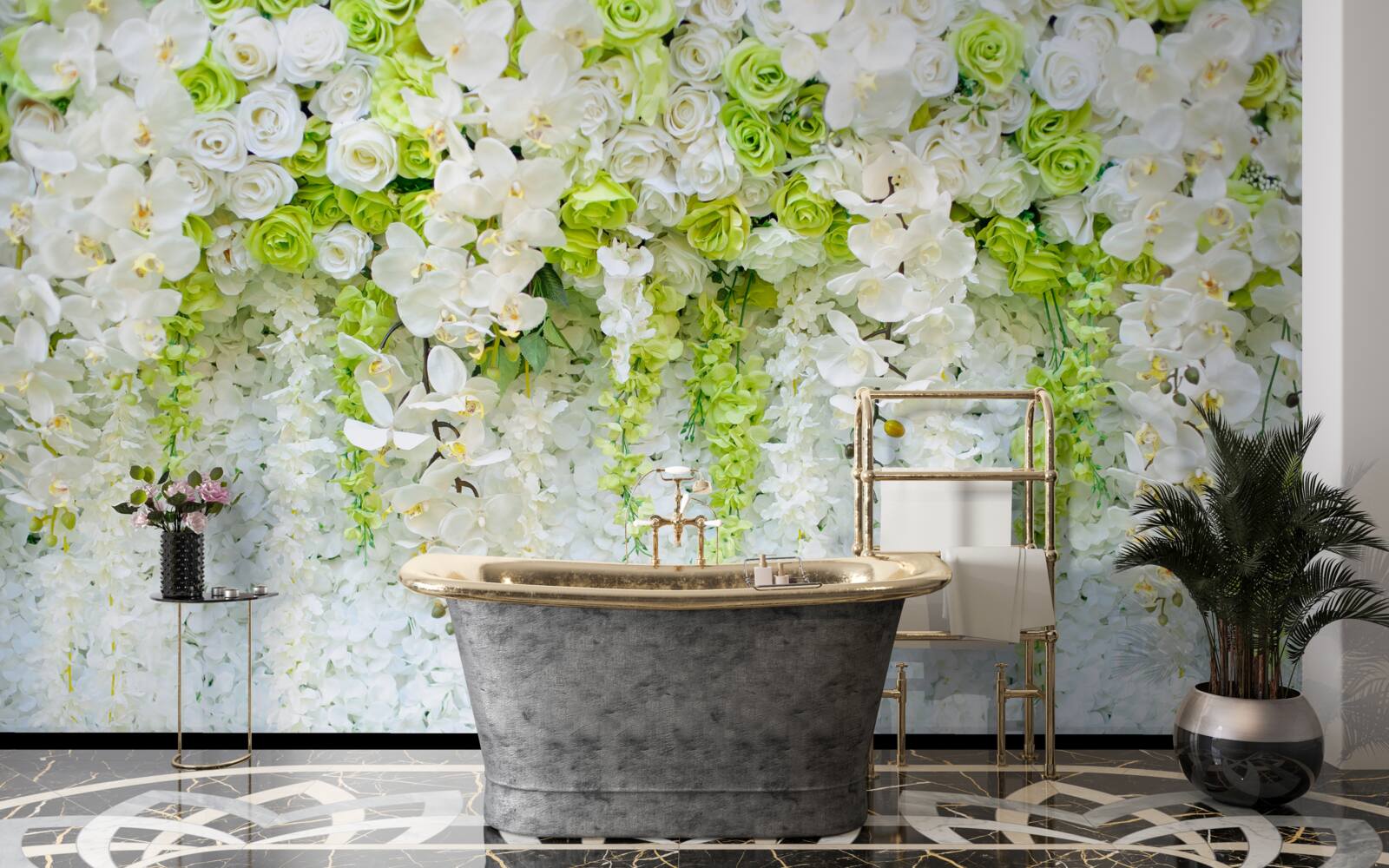 Fototapet orhidee albe au acoperit peretele cu un covor floral