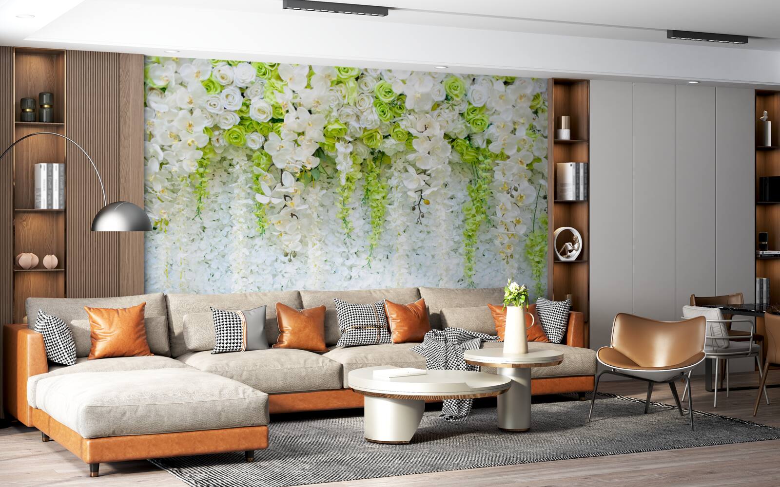 Fototapet orhidee albe au acoperit peretele cu un covor floral