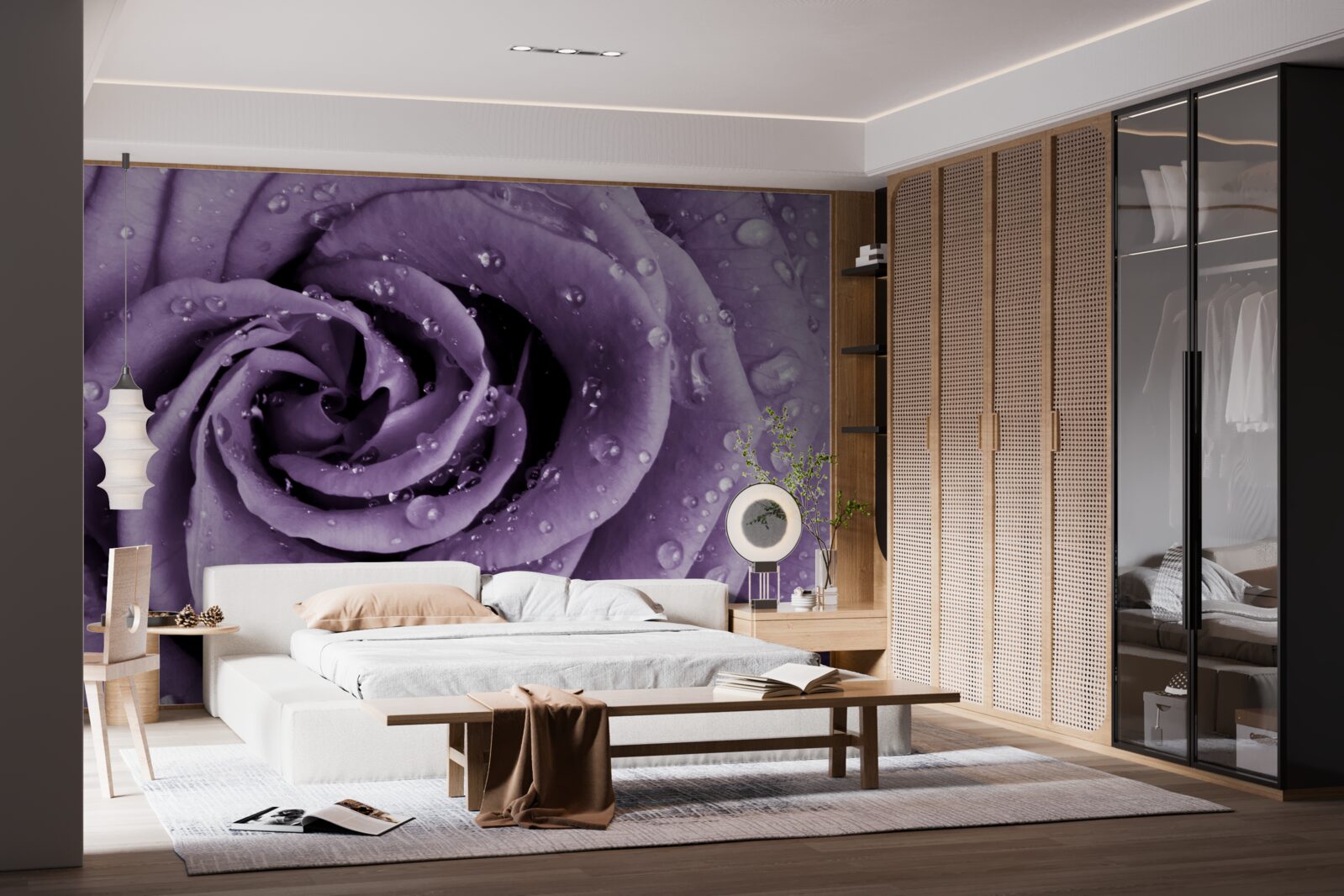 Fototapet roua dimineții pe un trandafir violet