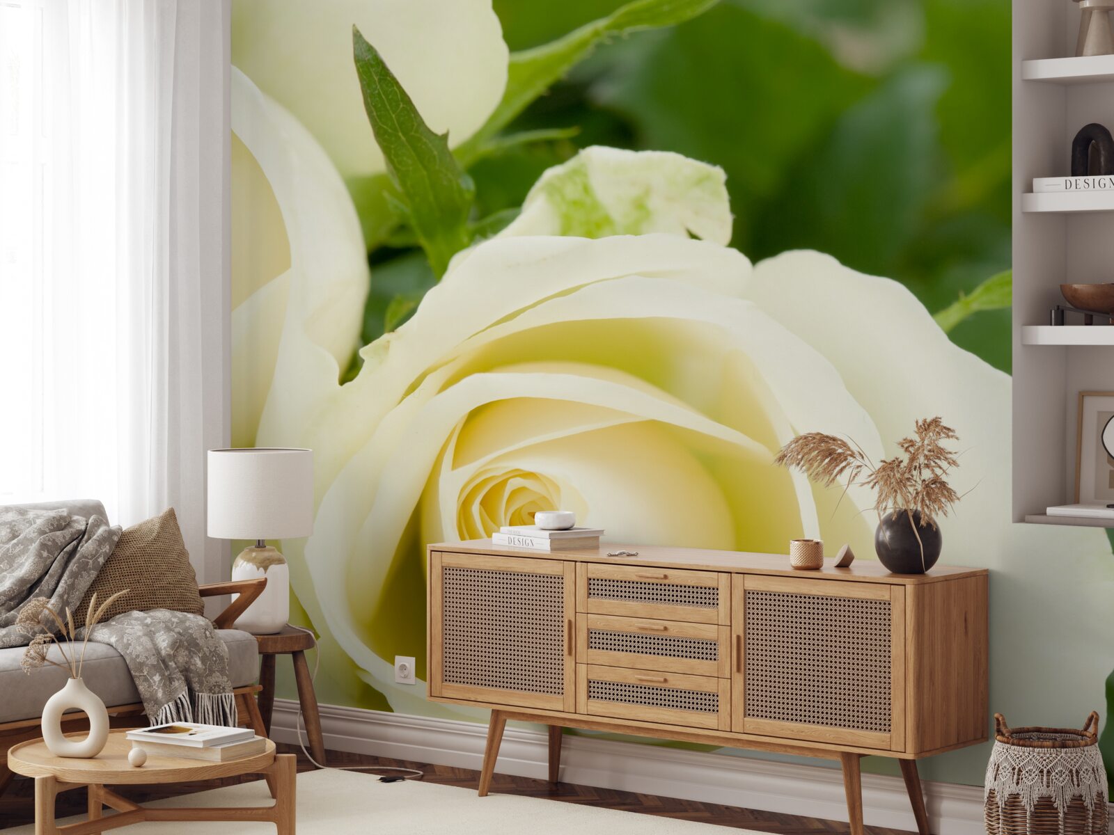 Fototapet trandafir în nuanță bej cu frunze verzi