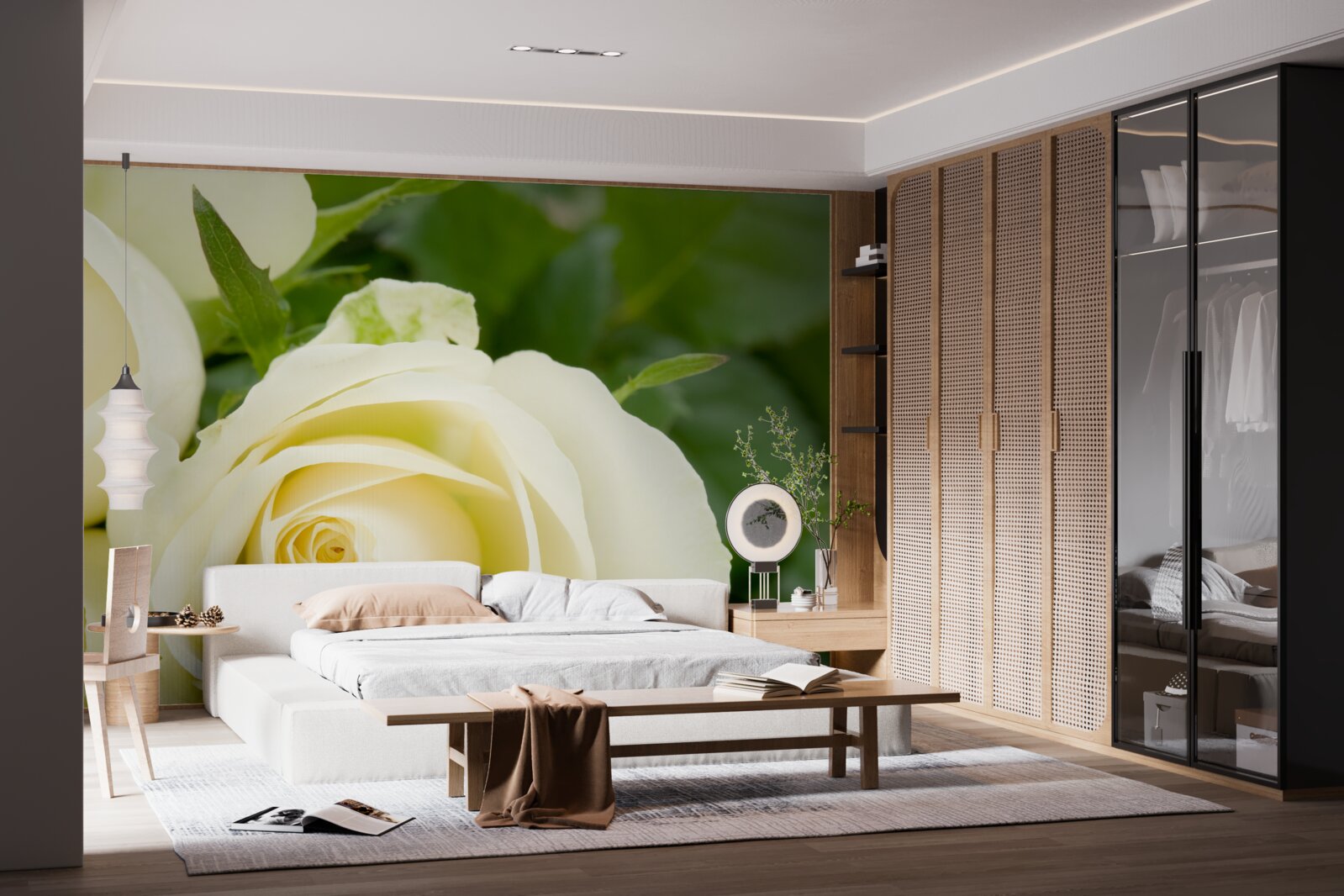 Fototapet trandafir în nuanță bej cu frunze verzi