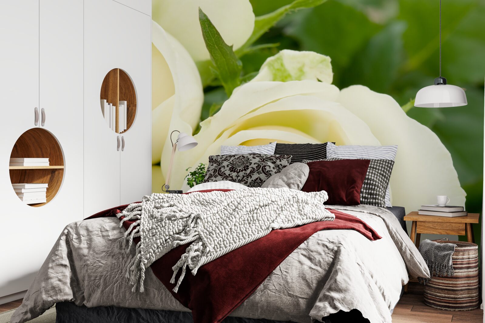 Fototapet trandafir în nuanță bej cu frunze verzi