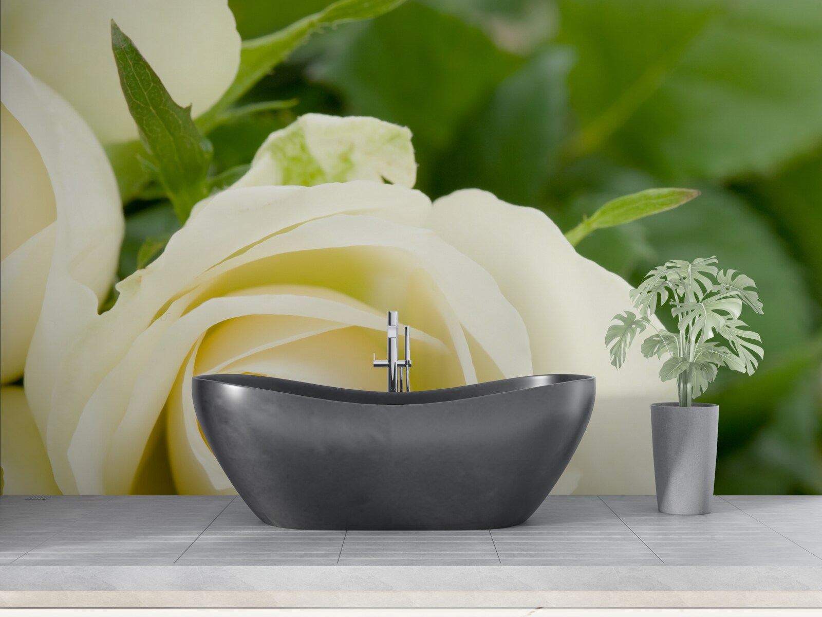 Fototapet trandafir în nuanță bej cu frunze verzi