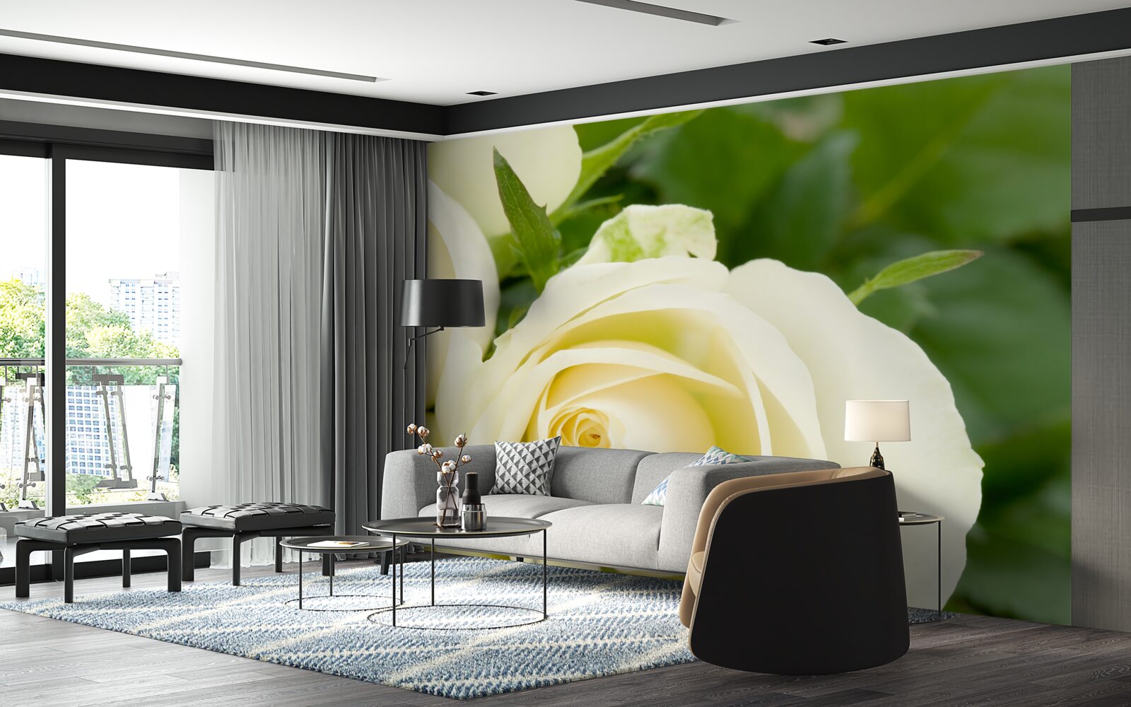 Fototapet trandafir în nuanță bej cu frunze verzi