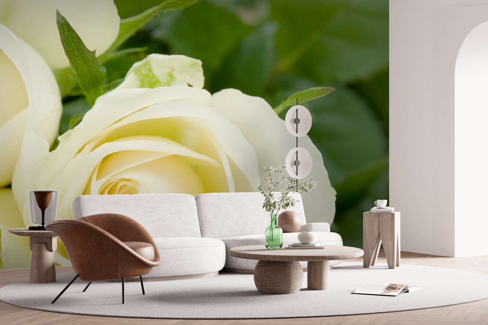 Fototapet trandafir în nuanță bej cu frunze verzi