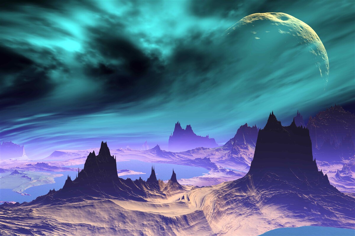 Fototapet munți ai viitorului pe o planetă neidentificată