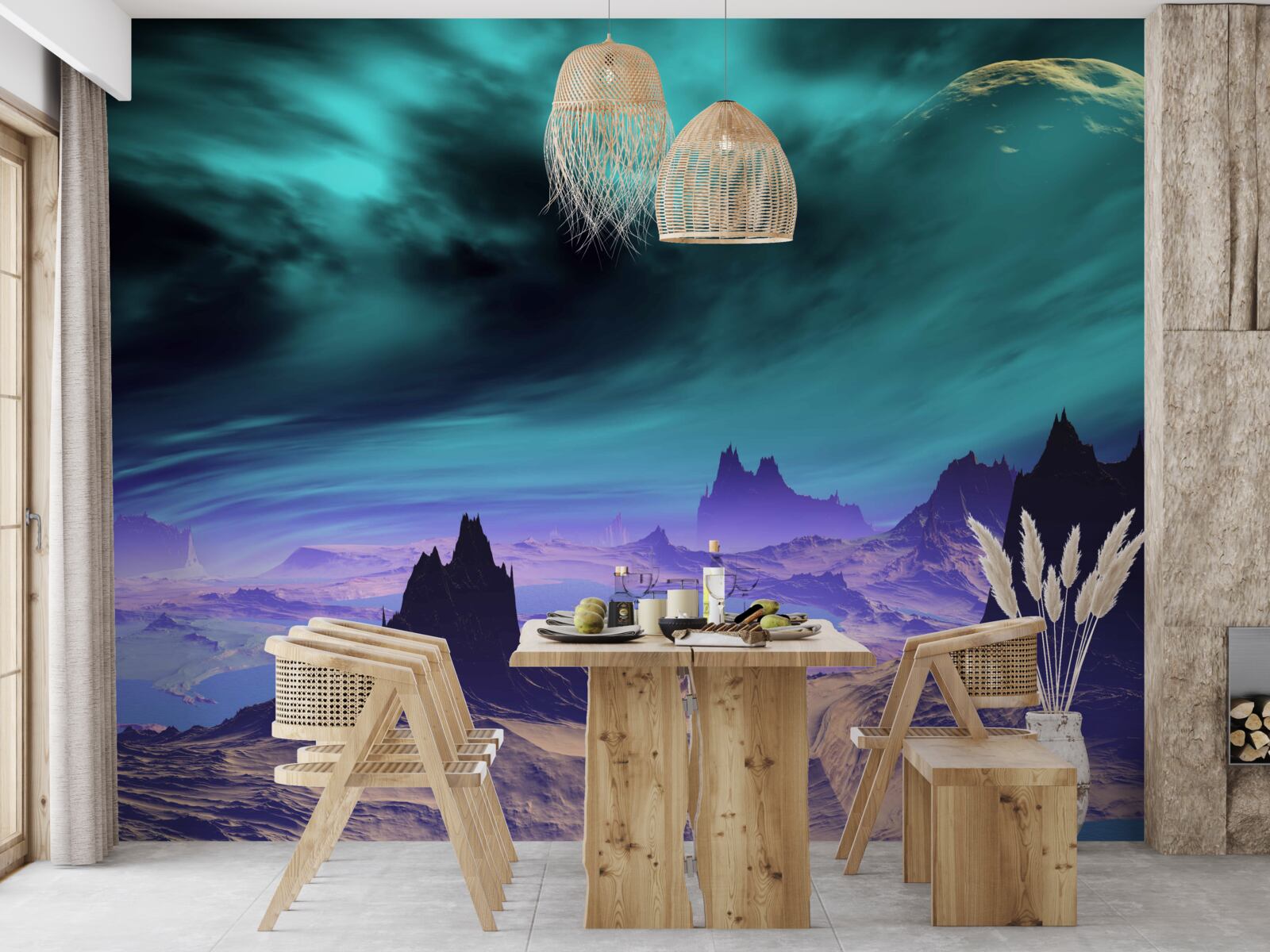 Fototapet munți ai viitorului pe o planetă neidentificată