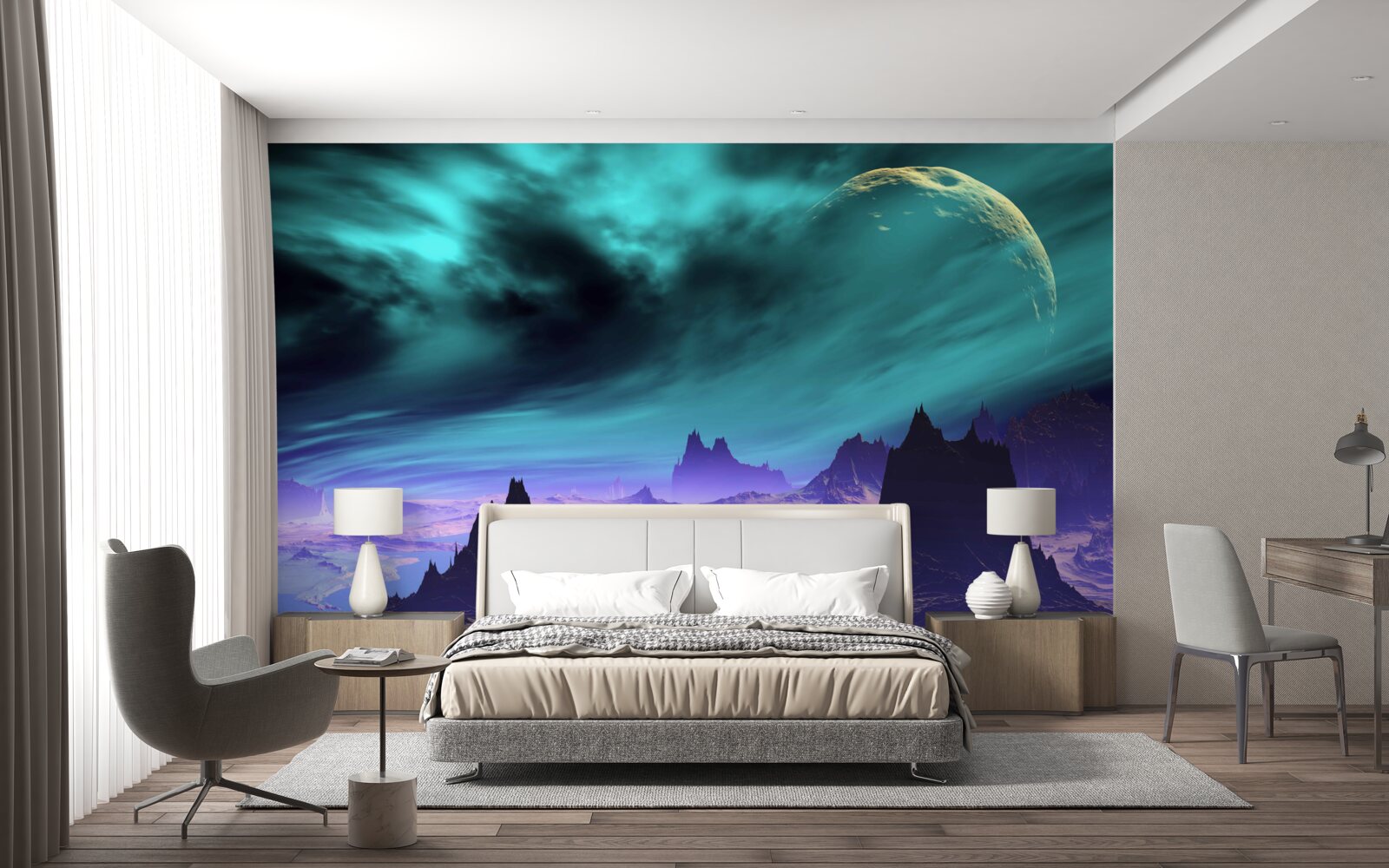 Fototapet munți ai viitorului pe o planetă neidentificată