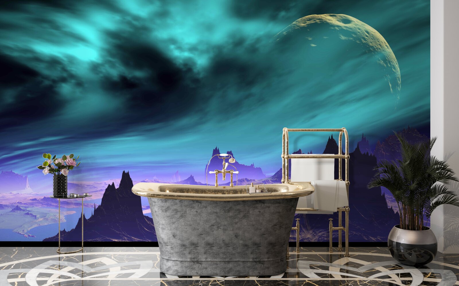 Fototapet munți ai viitorului pe o planetă neidentificată