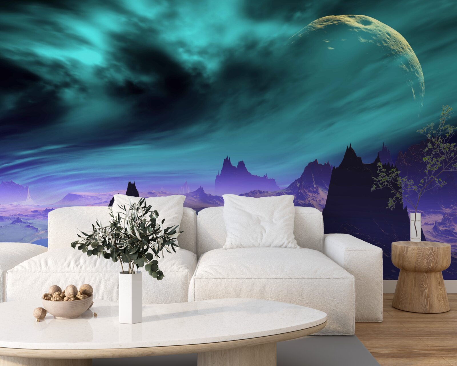 Fototapet munți ai viitorului pe o planetă neidentificată