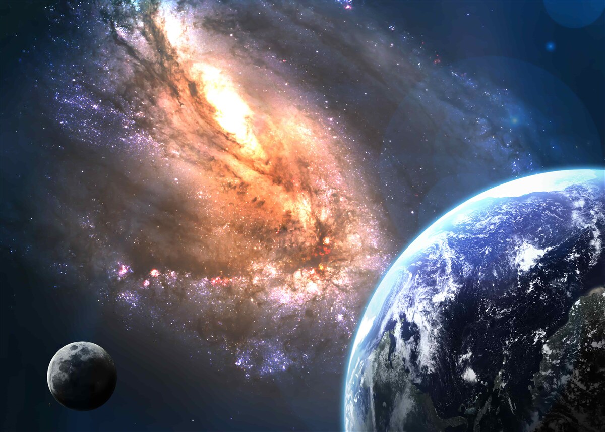 Fototapet o planetă, un satelit și o galaxie nou descoperită