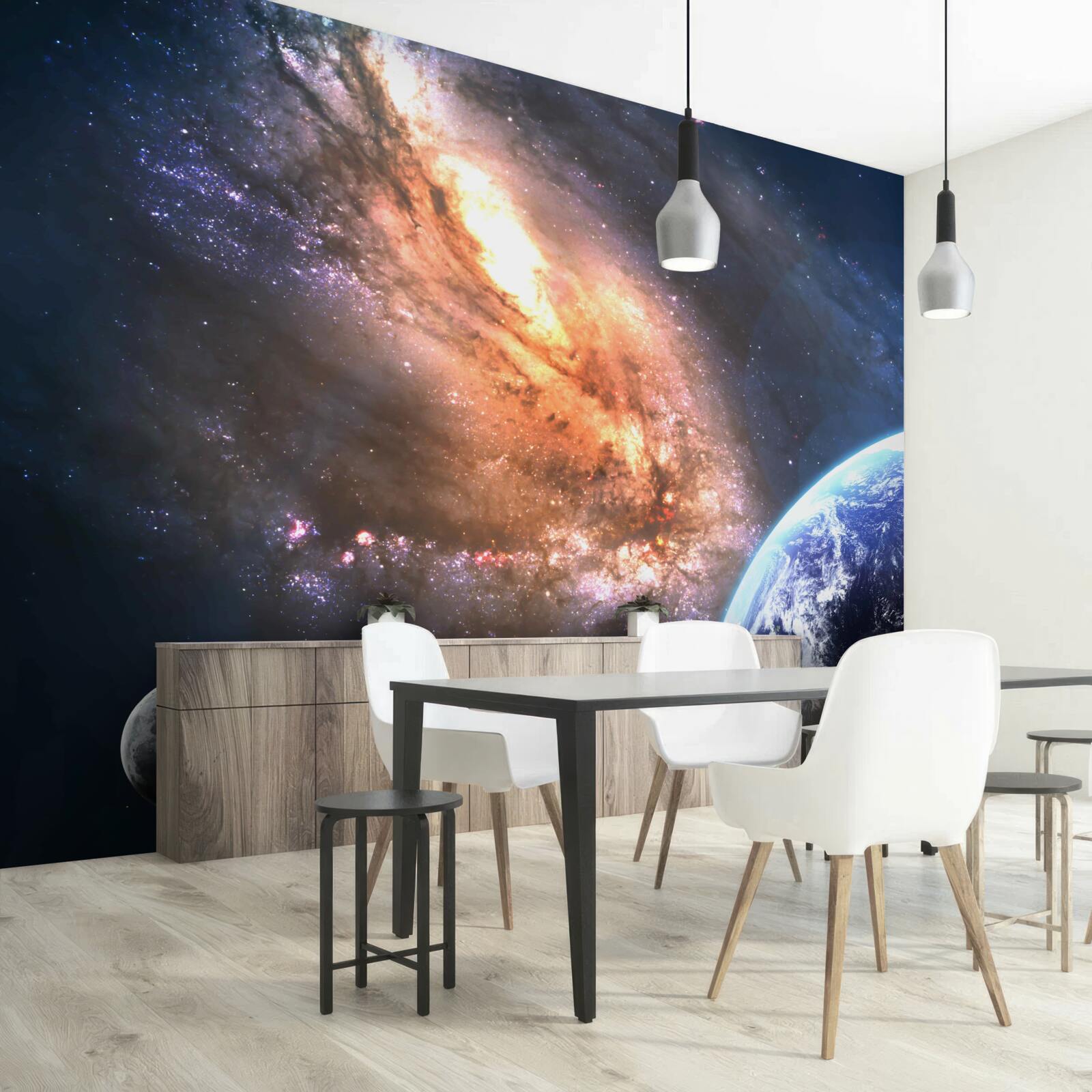 Fototapet o planetă, un satelit și o galaxie nou descoperită