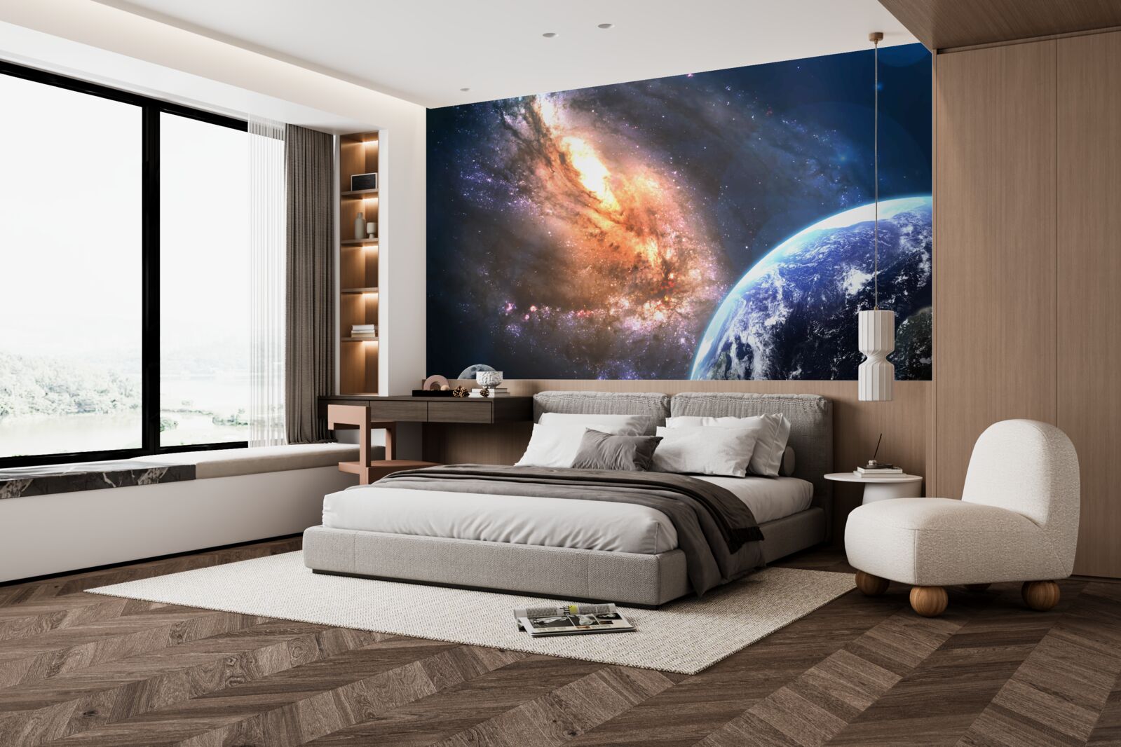 Fototapet o planetă, un satelit și o galaxie nou descoperită