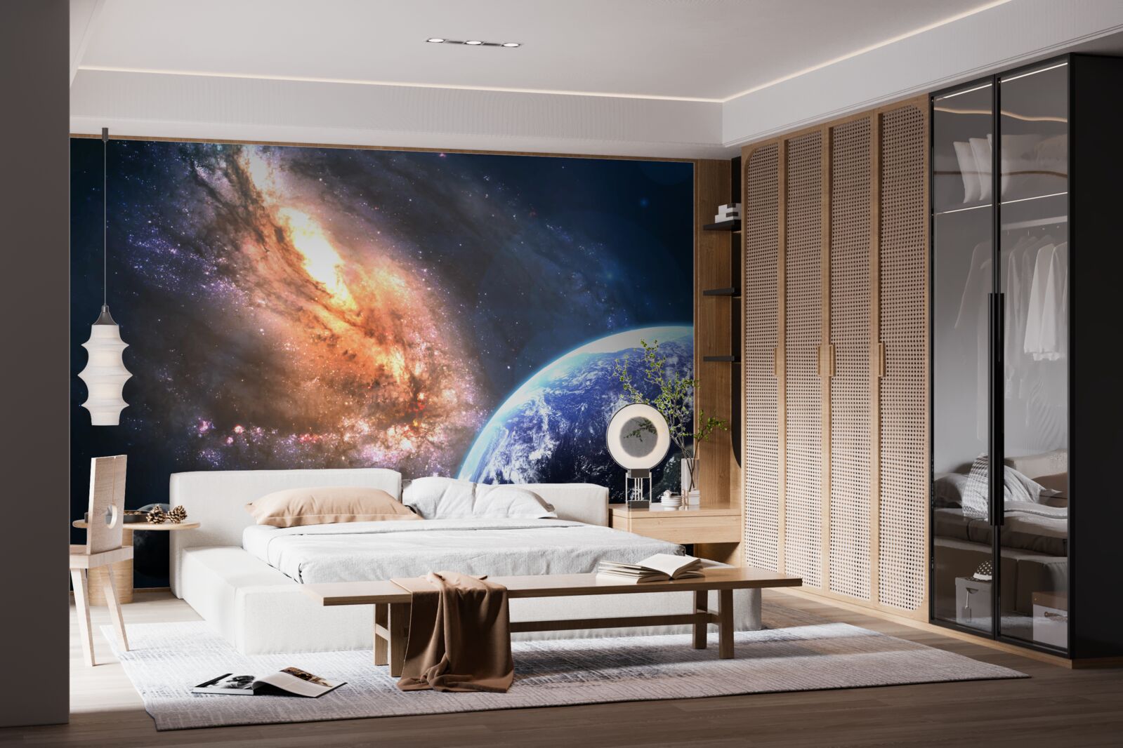 Fototapet o planetă, un satelit și o galaxie nou descoperită