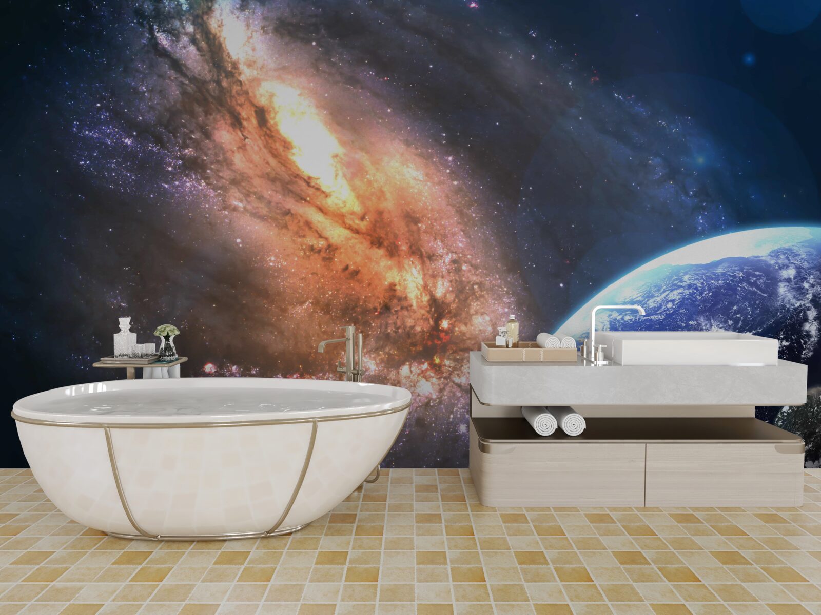 Fototapet o planetă, un satelit și o galaxie nou descoperită