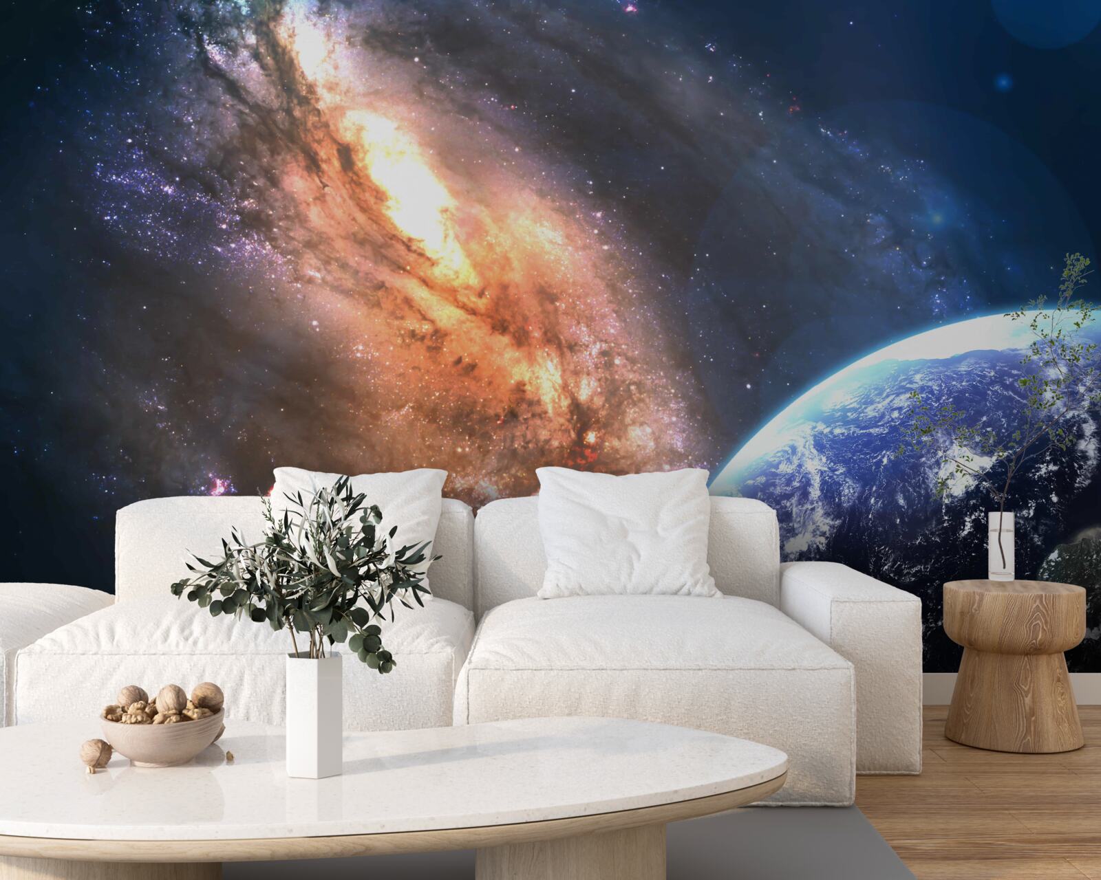 Fototapet o planetă, un satelit și o galaxie nou descoperită