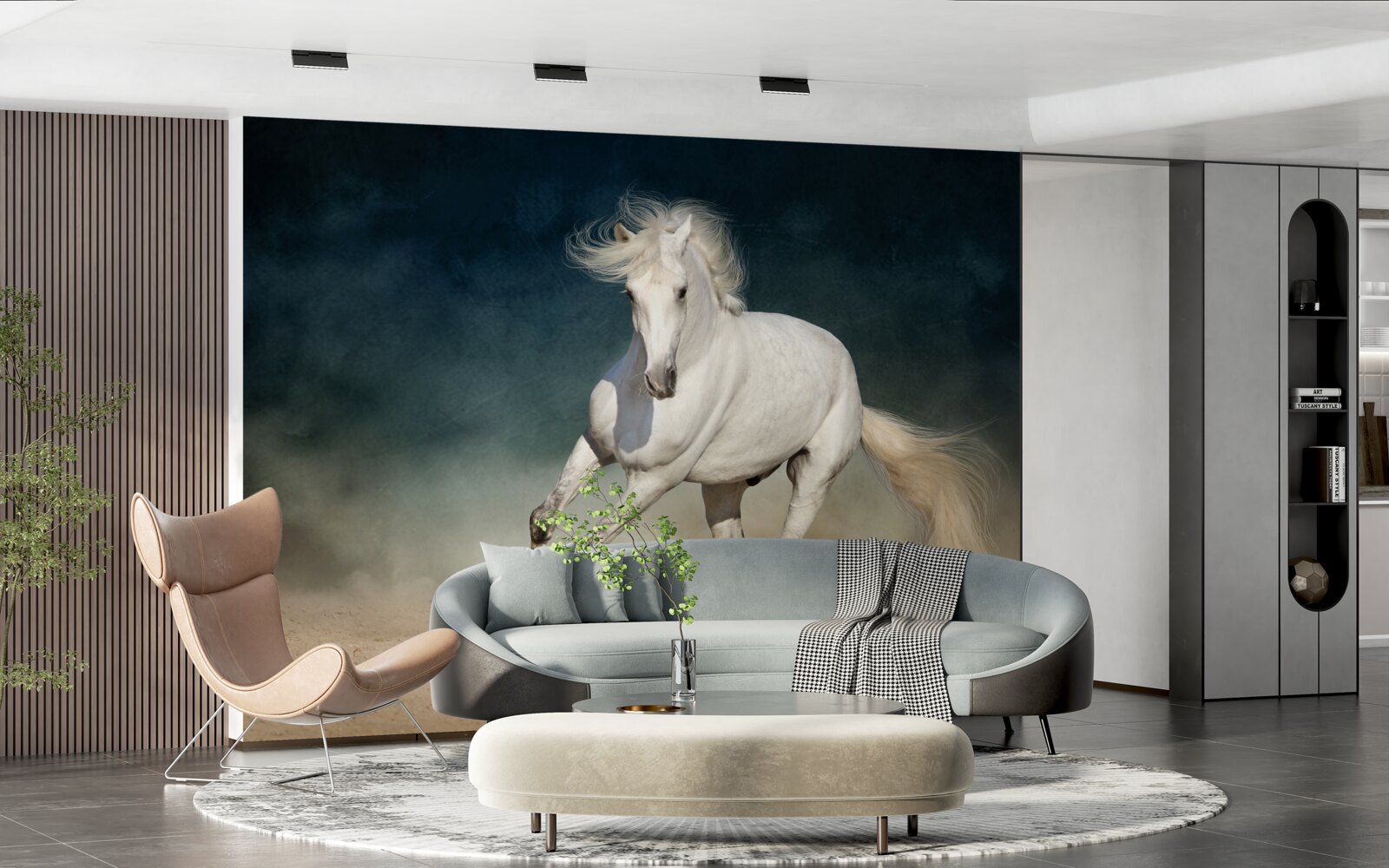 Fototapet un cal alb galopează pe un câmp deschis