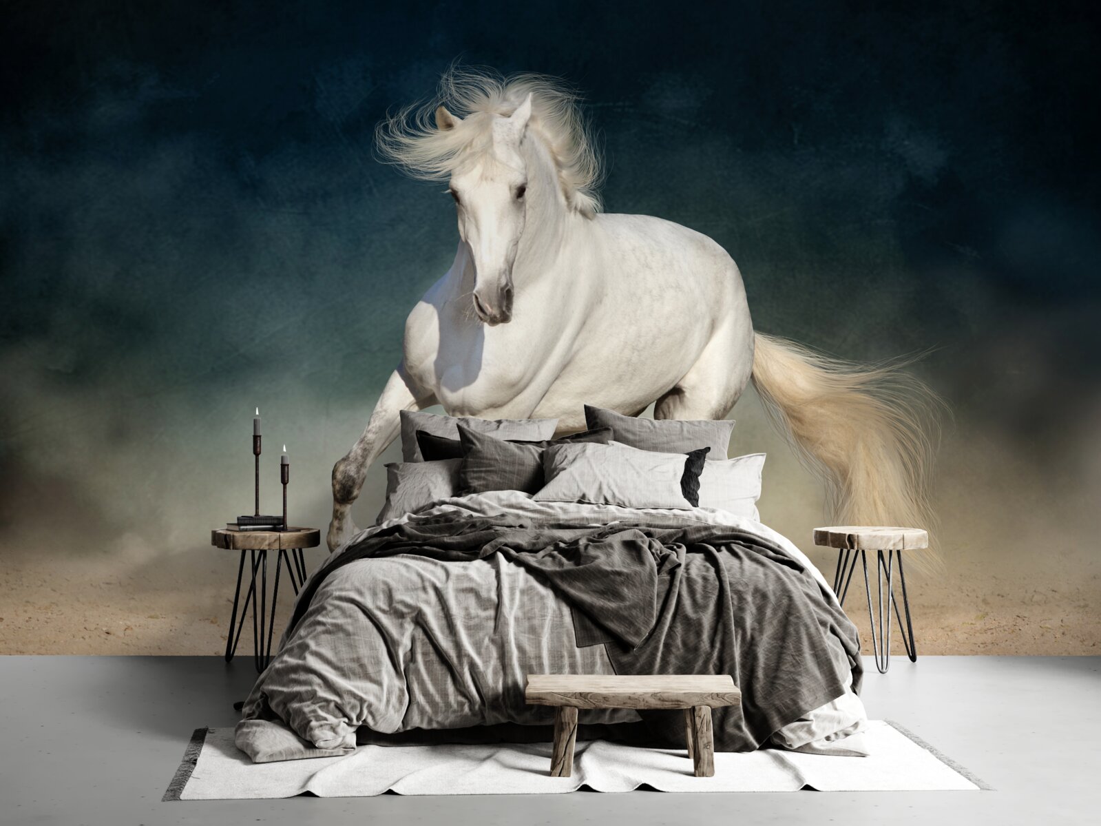 Fototapet un cal alb galopează pe un câmp deschis