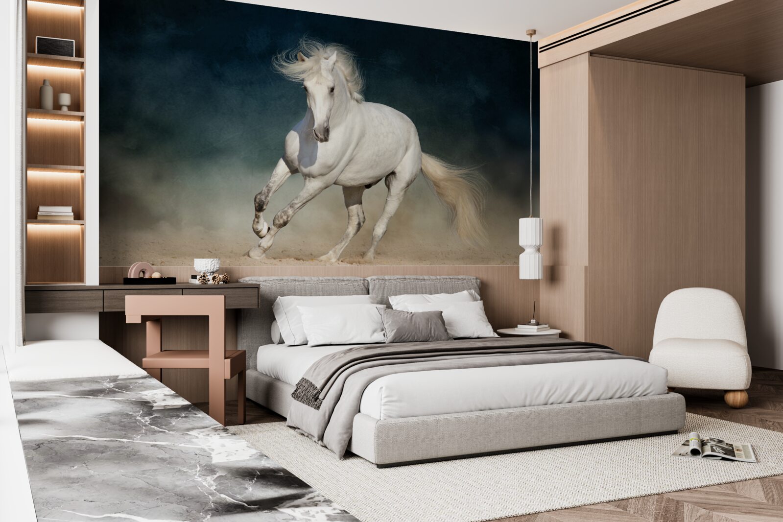 Fototapet un cal alb galopează pe un câmp deschis