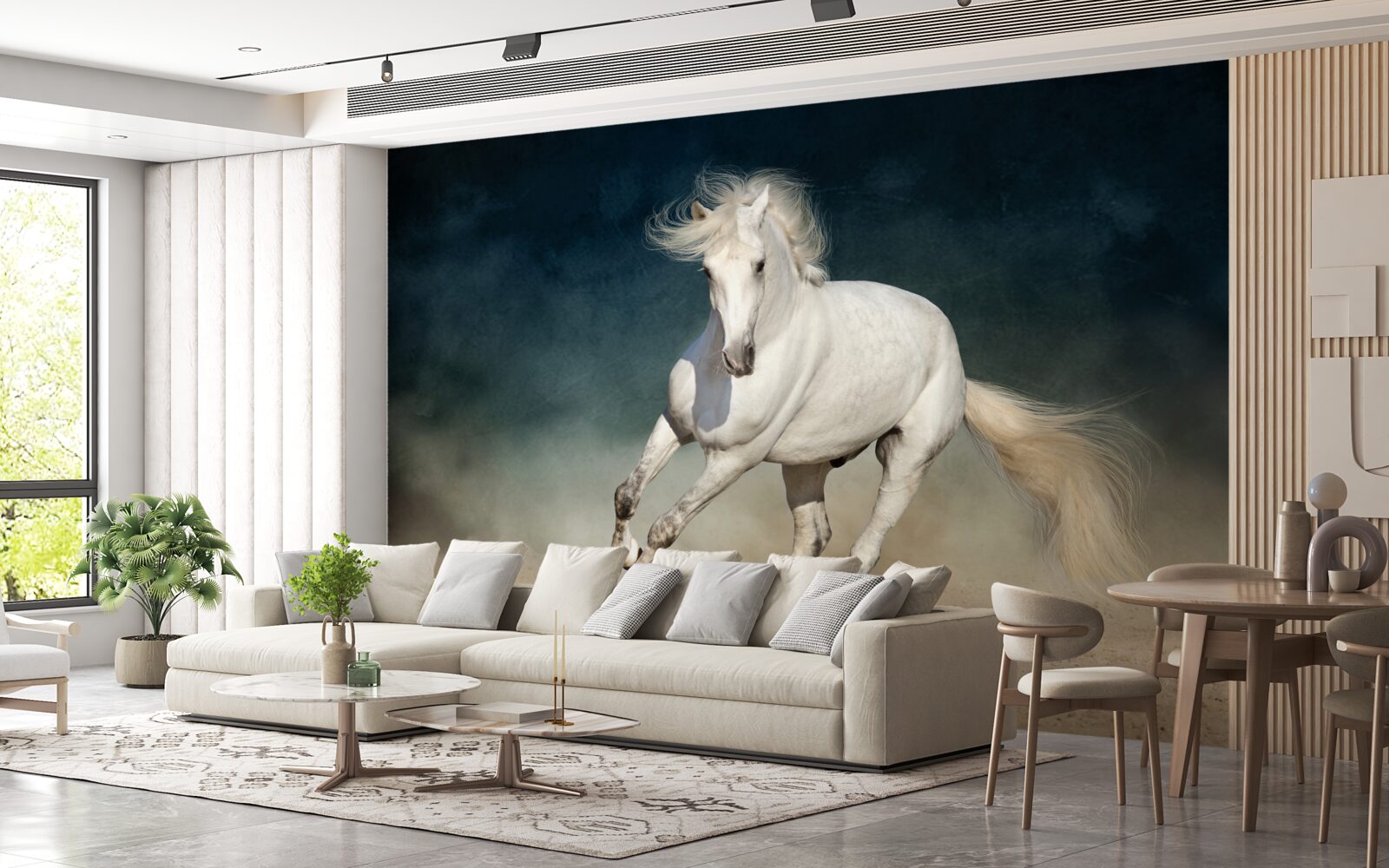 Fototapet un cal alb galopează pe un câmp deschis