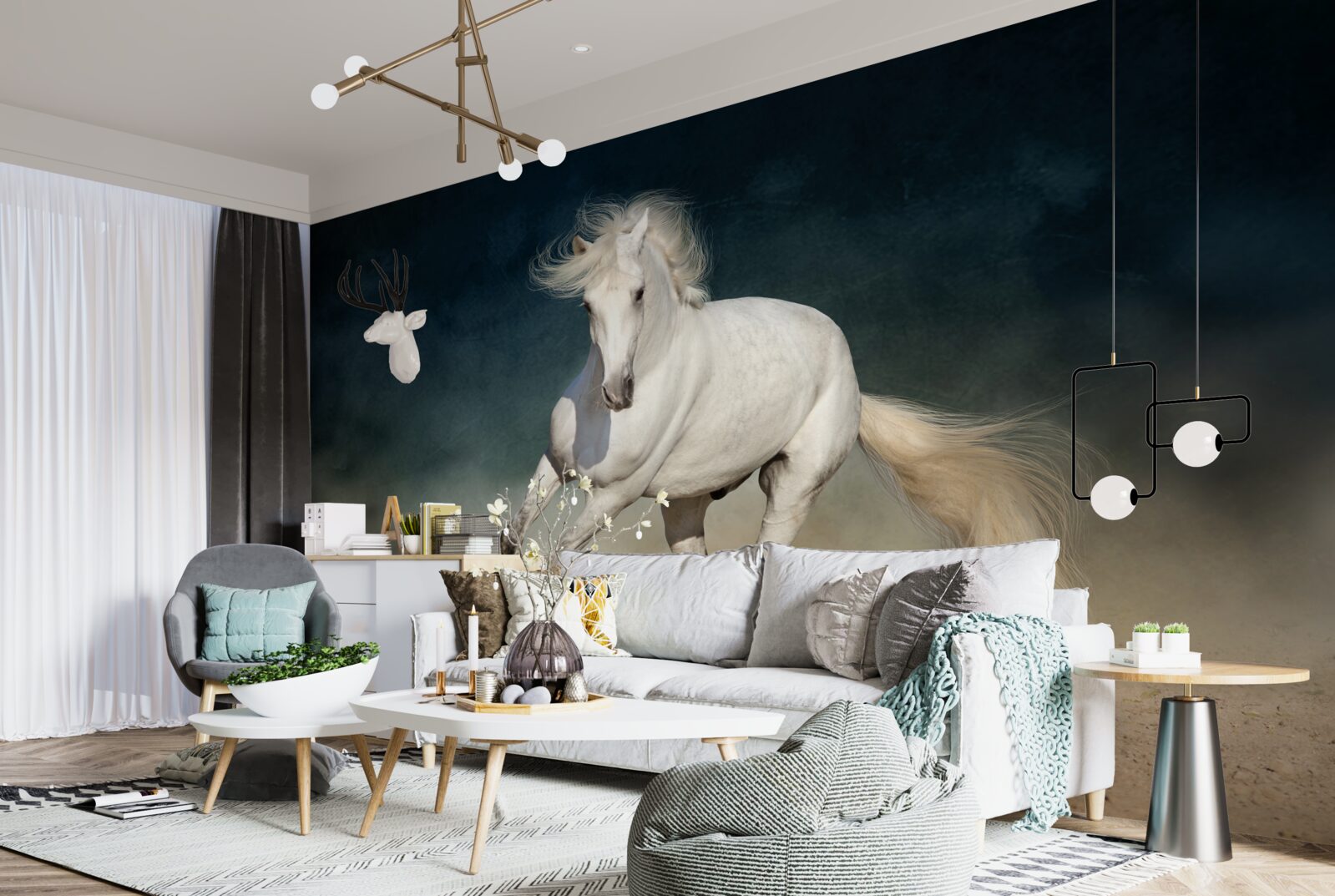 Fototapet un cal alb galopează pe un câmp deschis