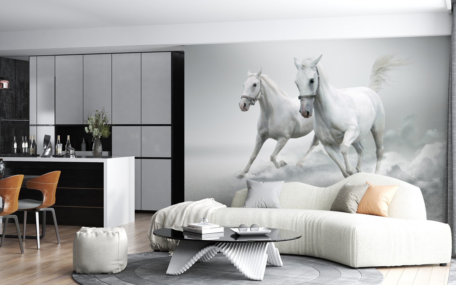 Fototapet doi armăsari albi ca zăpada aleargă pe suprafața nisipoasă strălucitoare