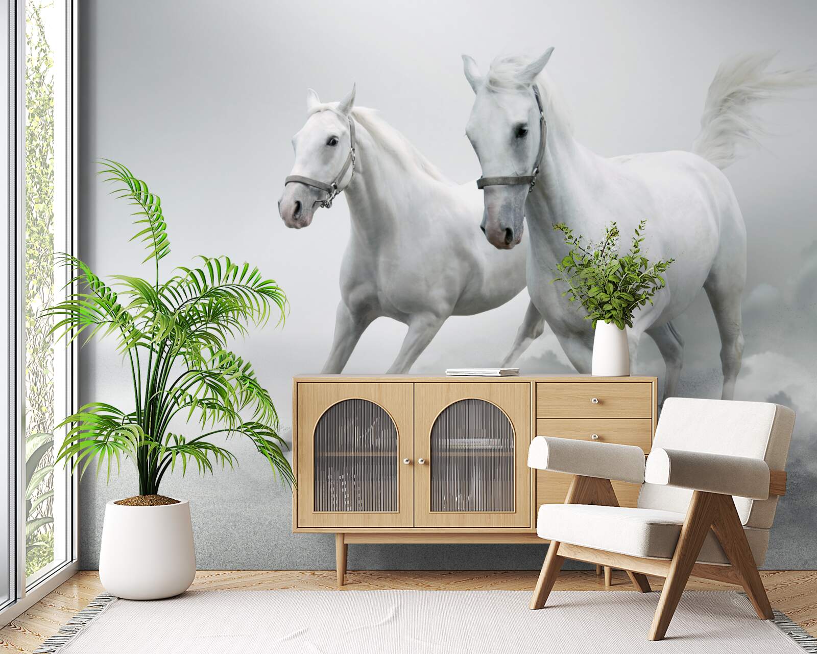 Fototapet doi armăsari albi ca zăpada aleargă pe suprafața nisipoasă strălucitoare