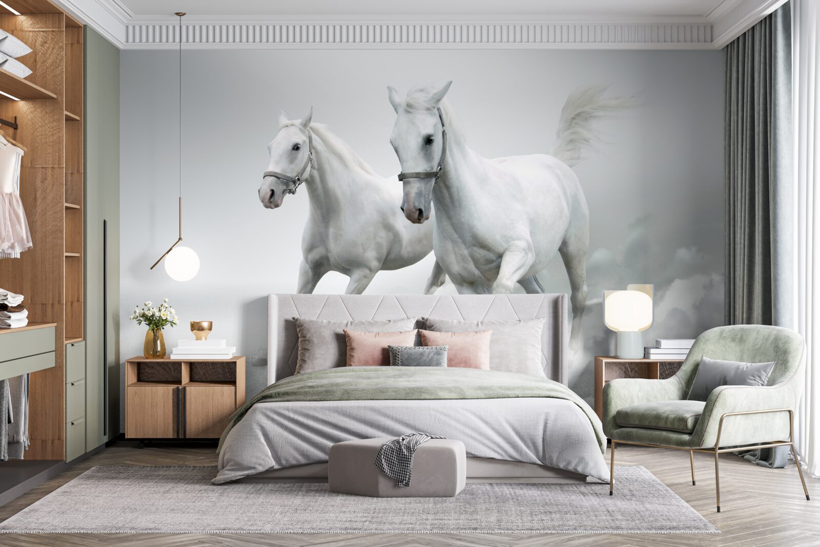 Fototapet doi armăsari albi ca zăpada aleargă pe suprafața nisipoasă strălucitoare